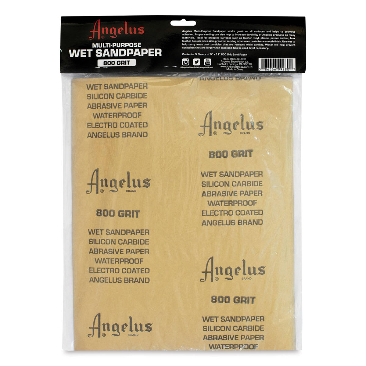 Angelus Multi-Purpose Wet Sandpaper - Package of 5 Sheets, 9" x 11", 800 Grit (Back of packaging)
