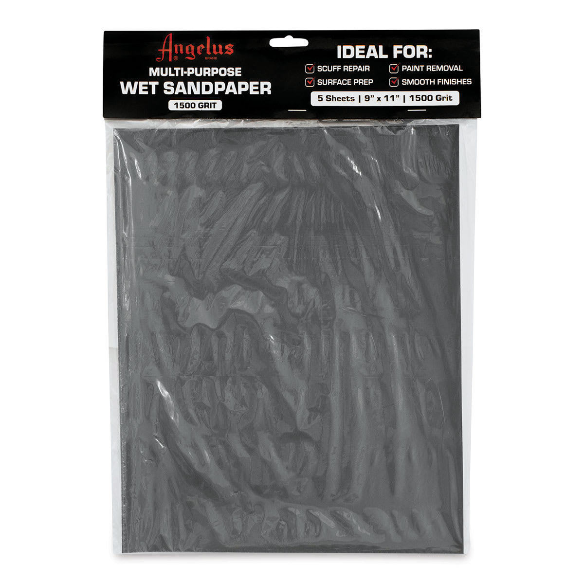 Angelus Multi-Purpose Wet Sandpaper - Package of 5 Sheets, 9" x 11", 1500 Grit (Front of packaging)