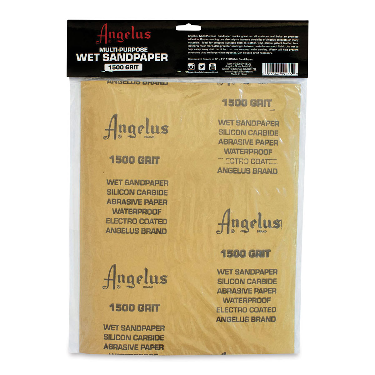 Angelus Multi-Purpose Wet Sandpaper - Package of 5 Sheets, 9" x 11", 1500 Grit (Back of packaging)