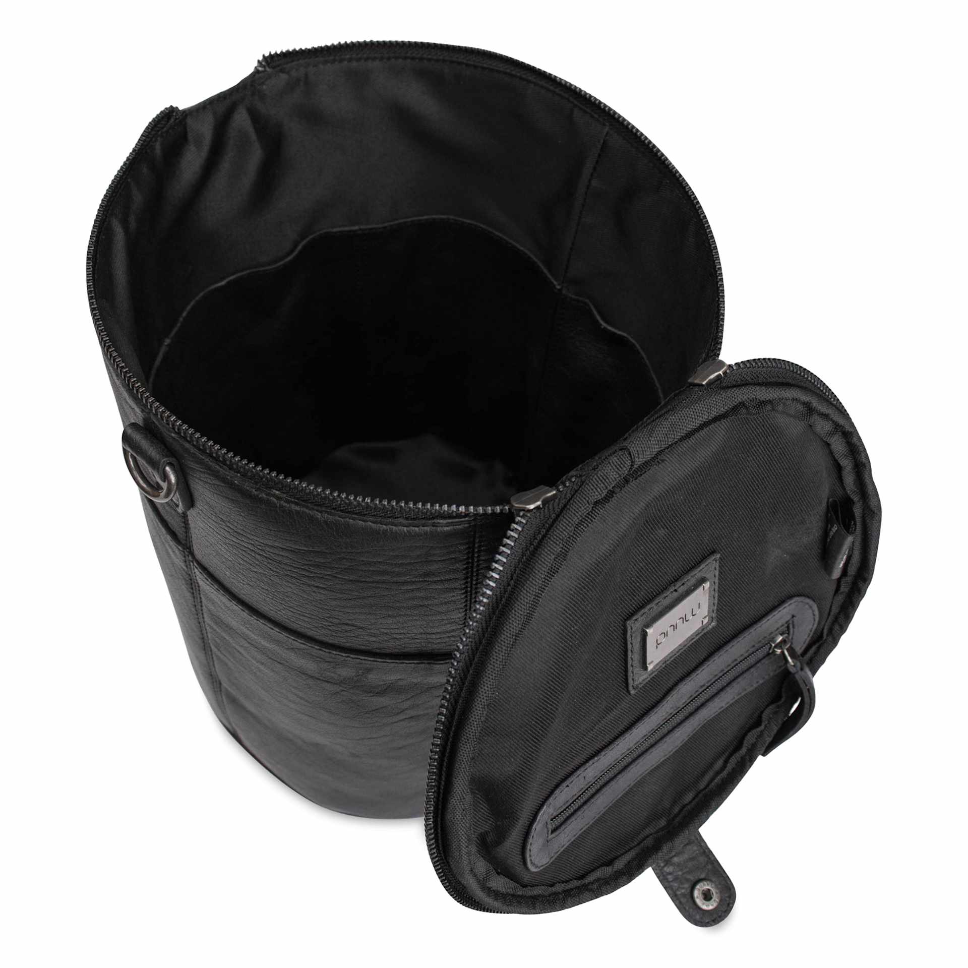 Muud Saturn XL Leather Needlework Project Bag - Black - open, top view