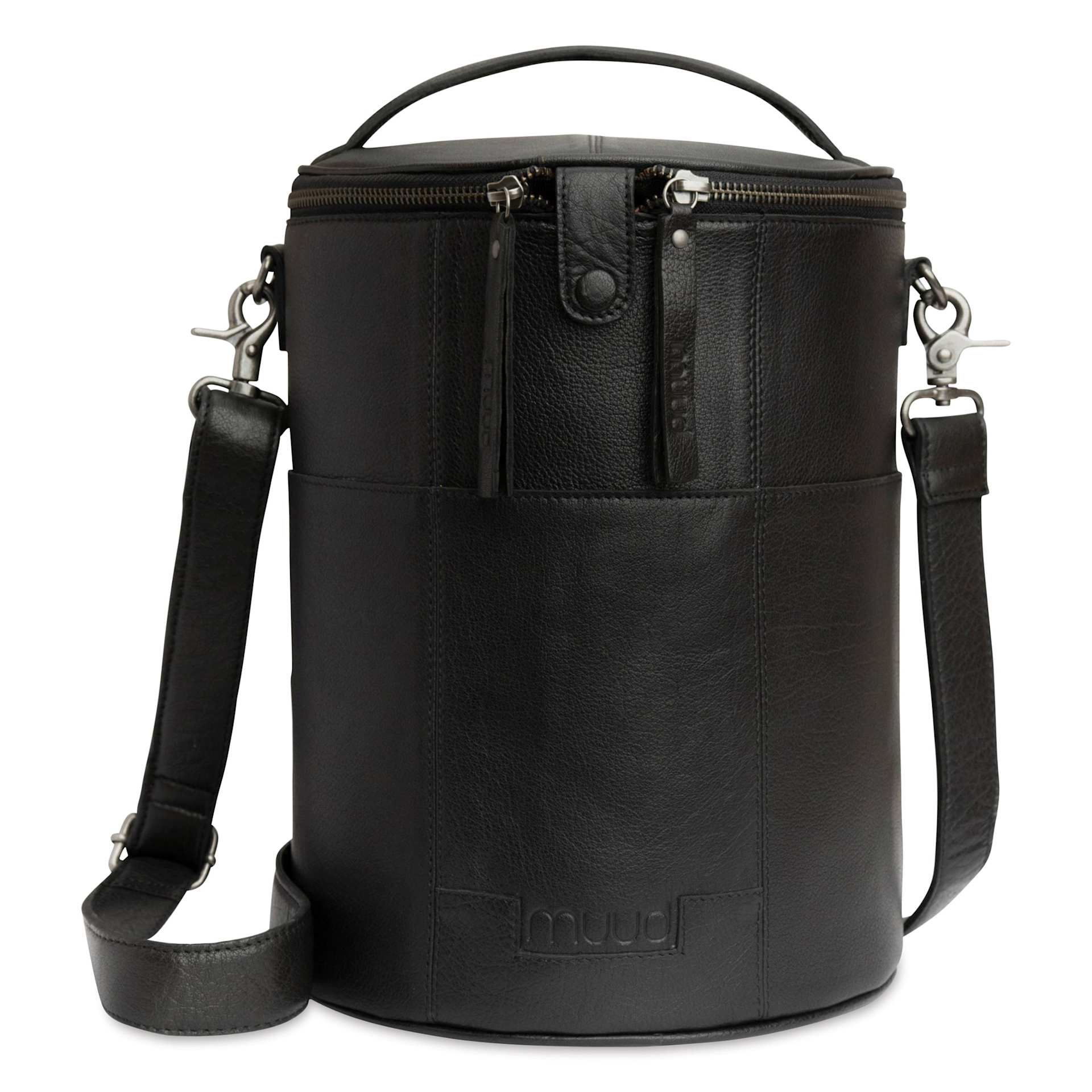 Muud Saturn XL Leather Needlework Project Bag - Black - front, with strap