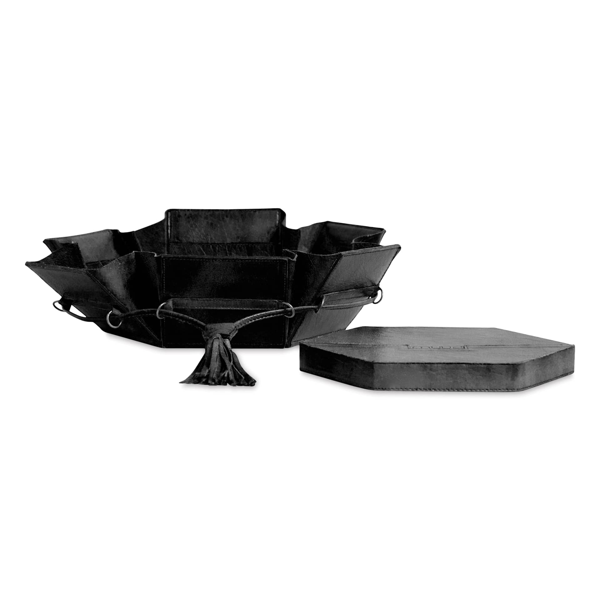 Muud Evita Leather Storage Box - Black - with leather drawstring loosened