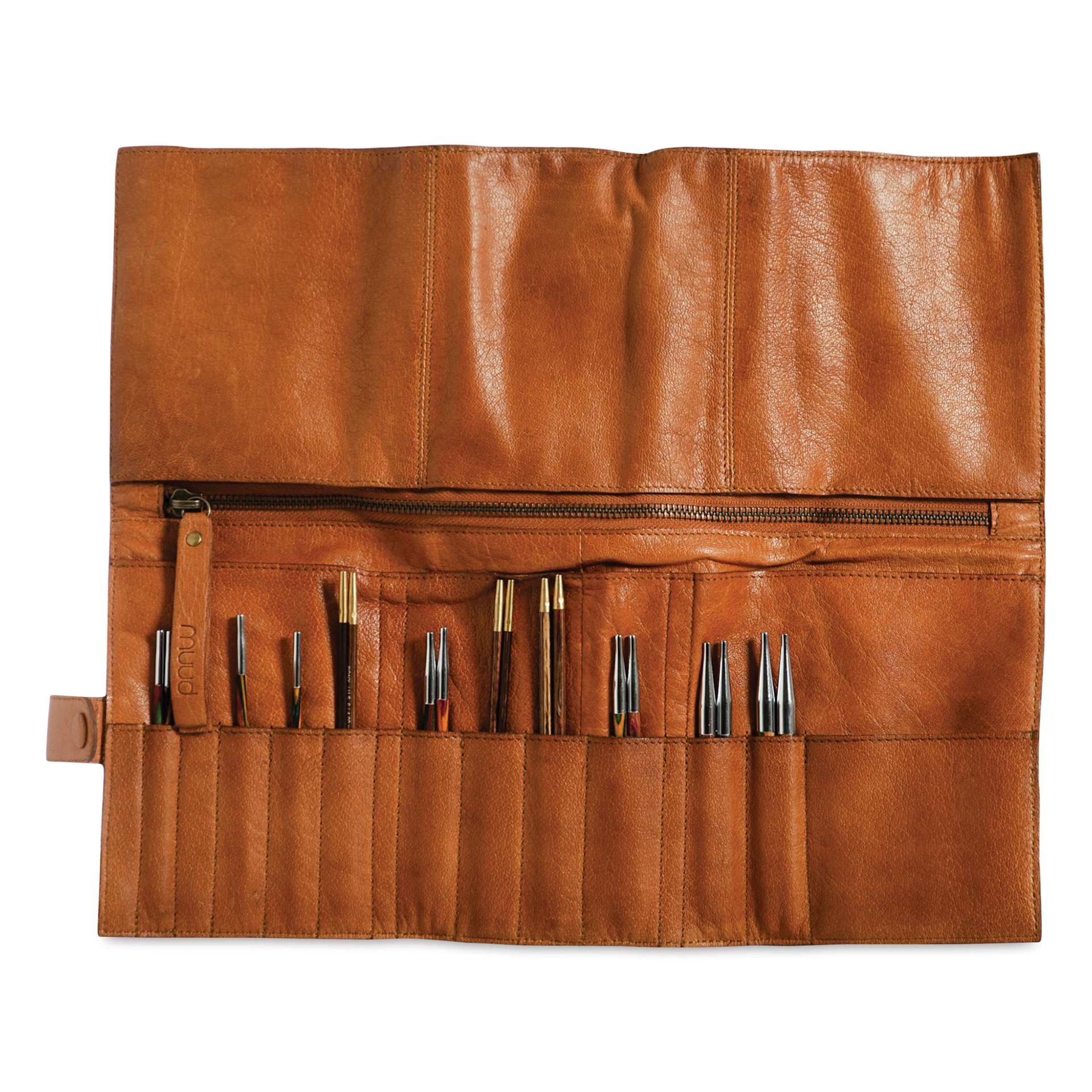 Muud Stockholm Leather Knitting Needle Case - Brown - rolled out and holding materials (not included)
