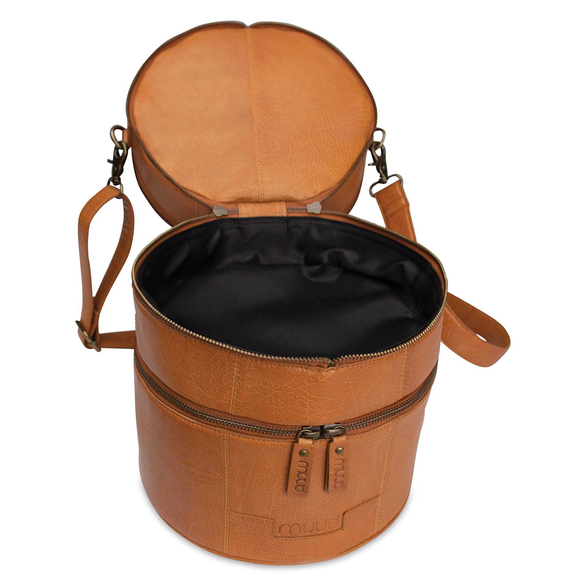 Muud Bturn Leather Needlework Project Bag - Brown - open to midsection