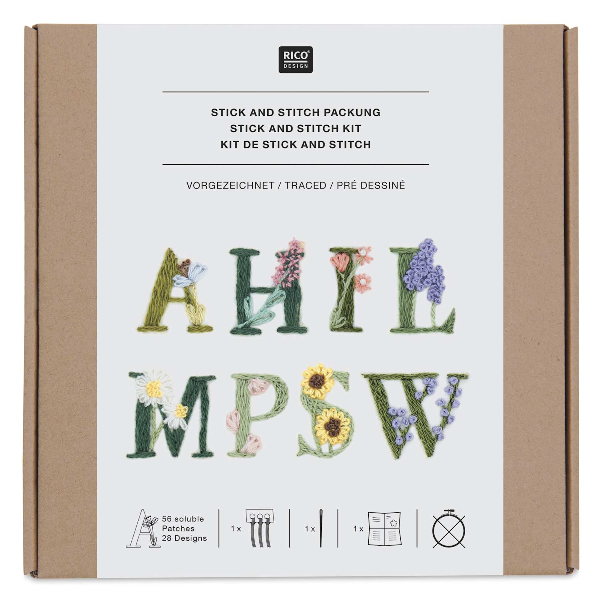 Rico Design Stick and Stitch Embroidery Kit - Pkg of 56, Colorful Floral Alphabet front of packaging