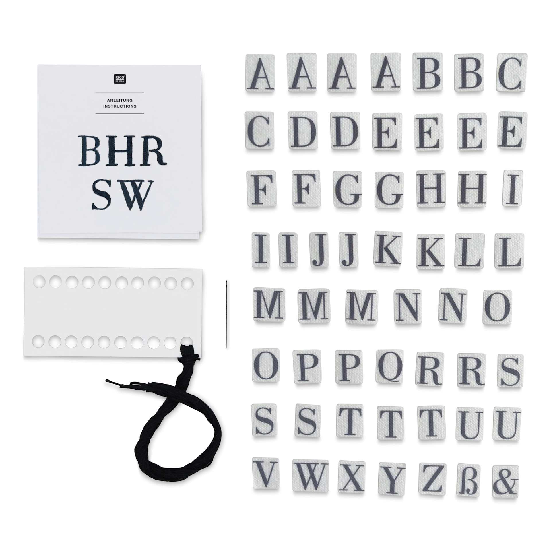 Rico Design Stick and Stitch Embroidery Kit - Pkg of 56, Black Alphabet contents