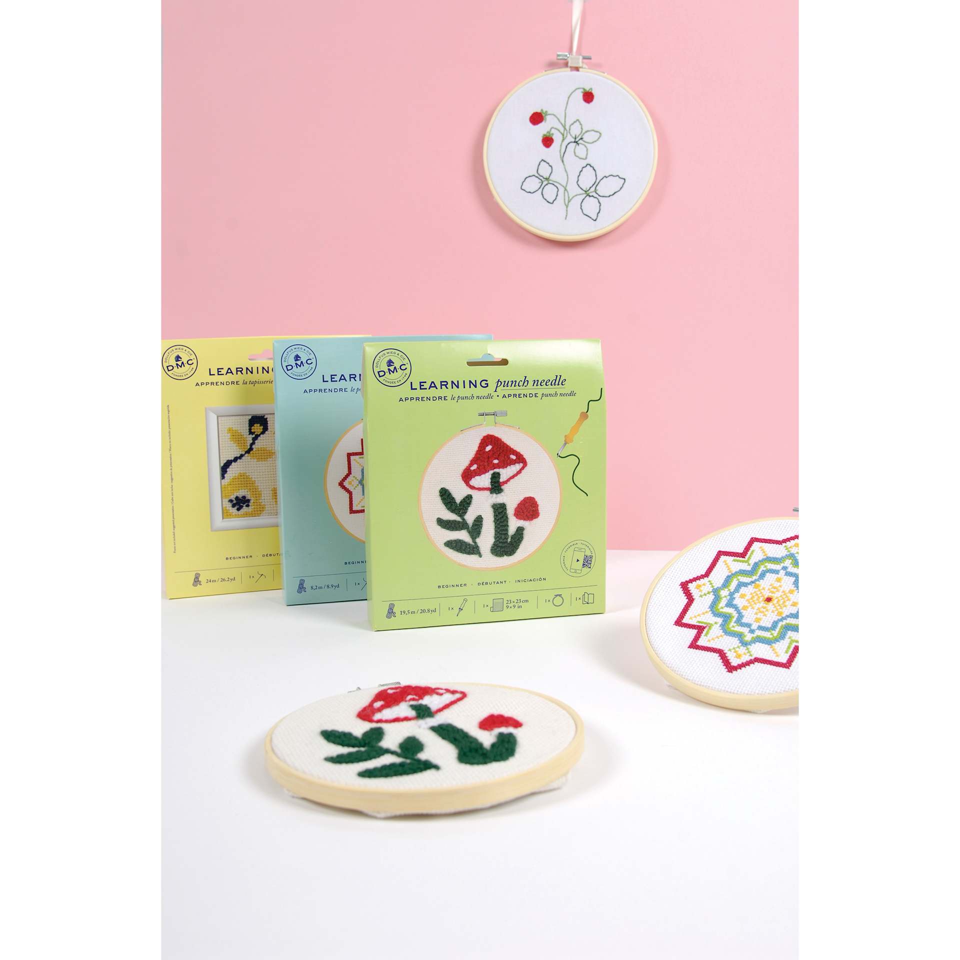 DMC Learning Punch Needle Kit - on table with other DMC Learning Kits (not included)