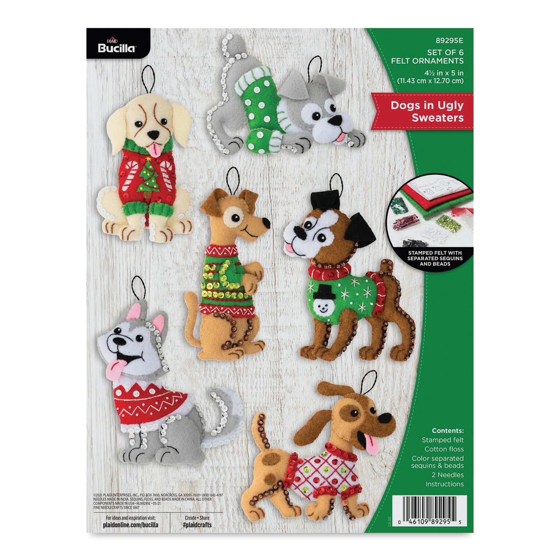 Bucilla Holiday Felt Ornament Kit - Dogs In Ugly Sweaters, front of packaging