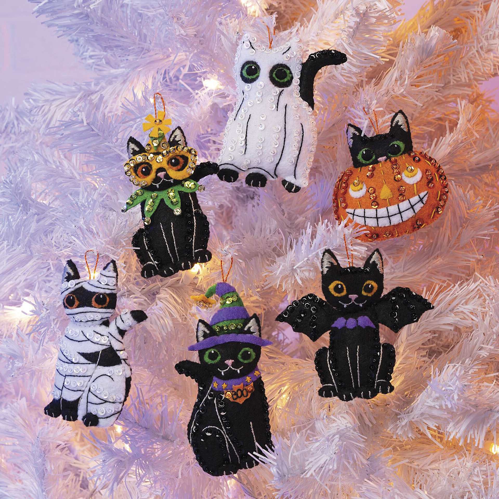 Bucilla Purrfectly Spooky Felt Ornament Kit - cat ornaments on display