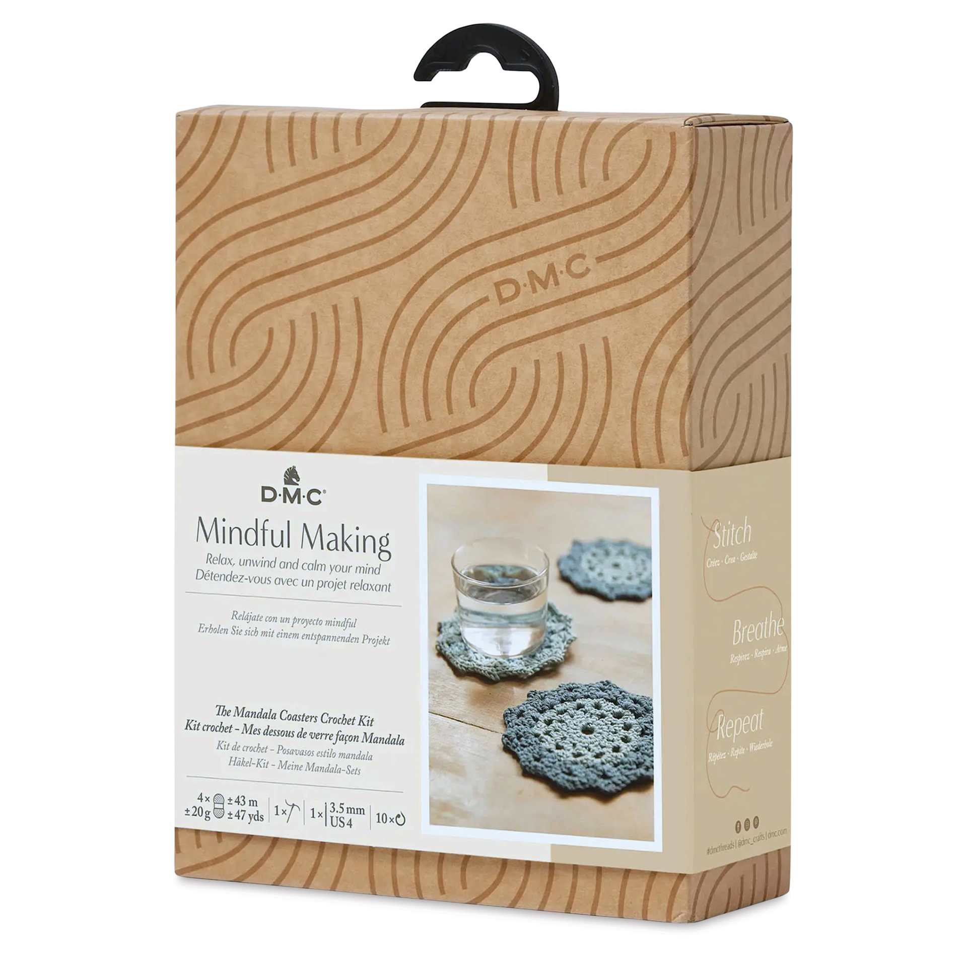 DMC Mindful Making Easy Crochet Mandala Coasters Kit - front of packaging, angled