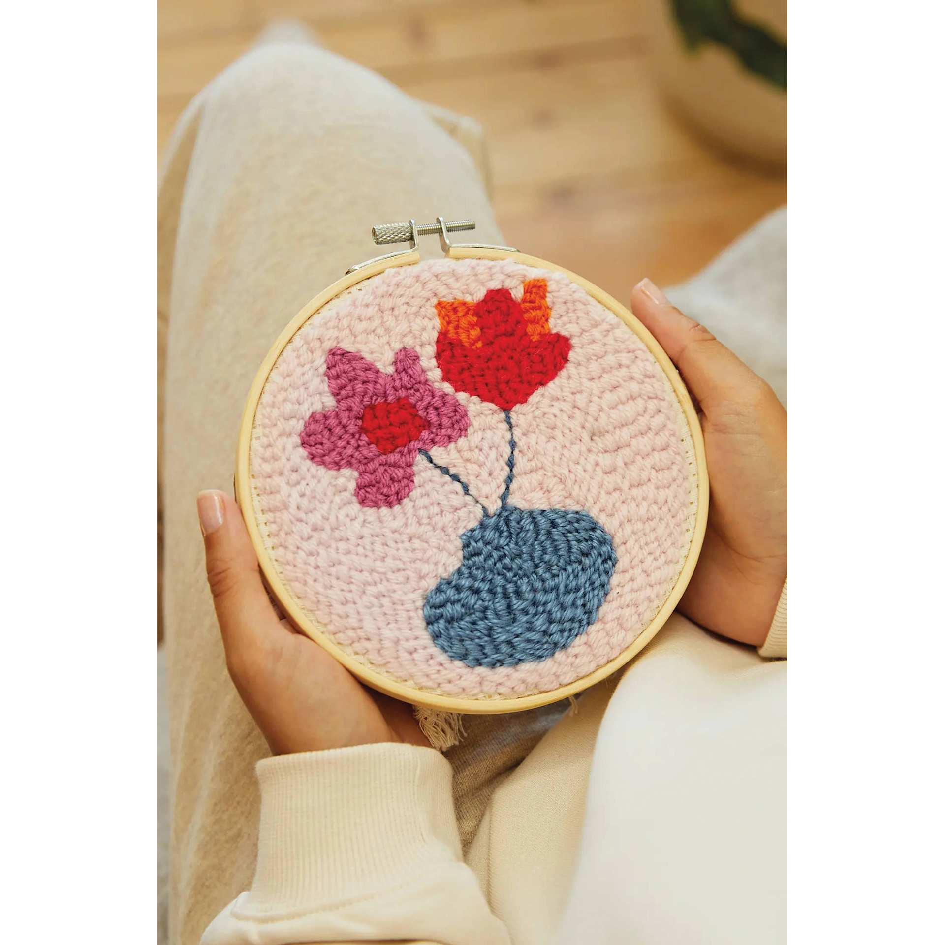 DMC Mindful Making Beginner Punch Needle Kit - Gentle Flowers - finished example in hand