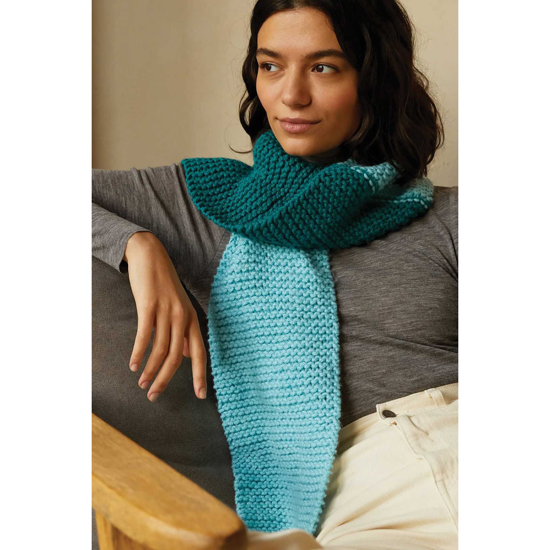 DMC Mindful Making Serene Scarf Beginner Knitting Kit - person wearing finished scarf