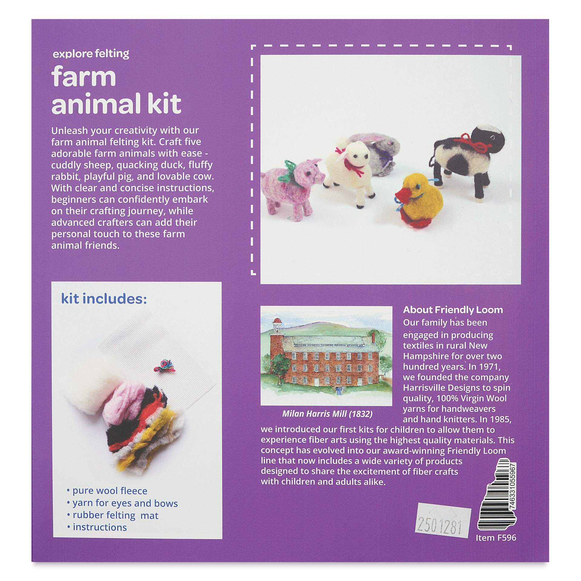 Friendly Loom Felted Farm Animal Kit back of packaging