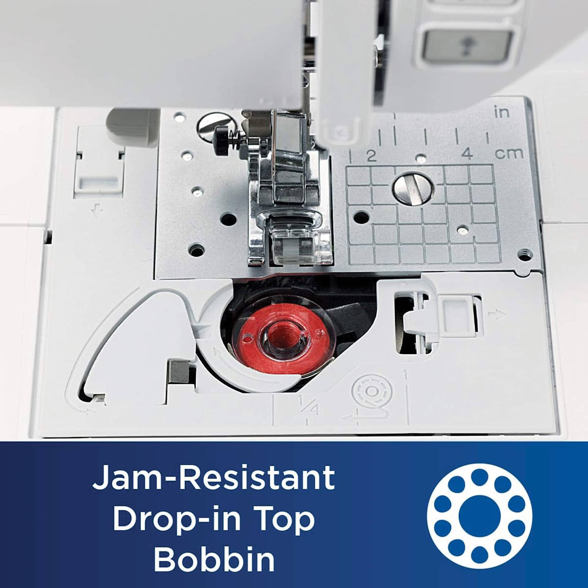 Jam-resistant drop-in top bobbin.