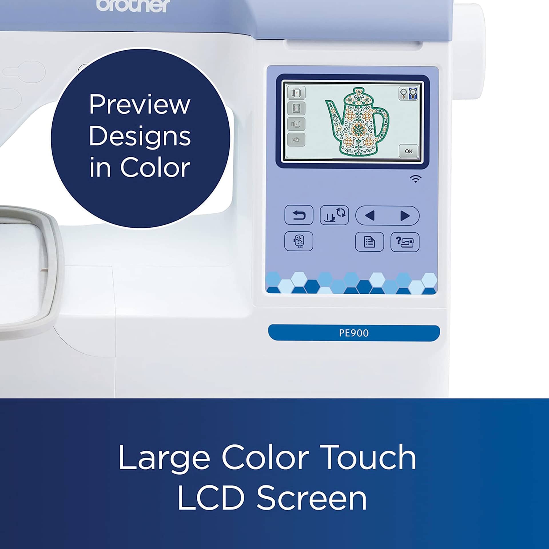 Preview designs in color. Large color touch LCD screen.