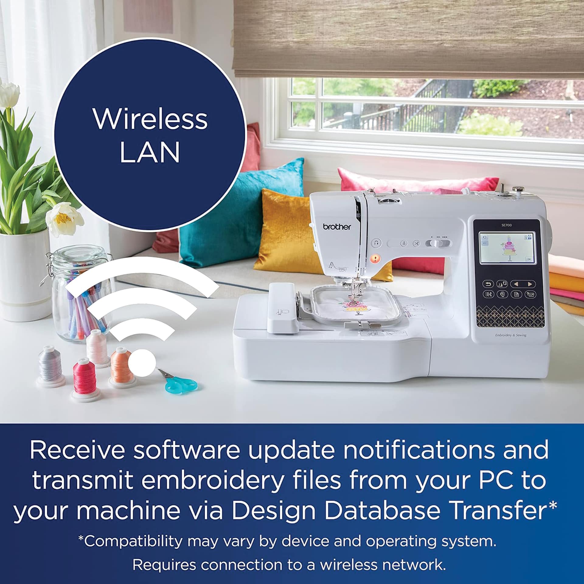 Wireless LAN, Receive software update notifications and transmit embroidery files from your PC to your machine via Design Database Transfer