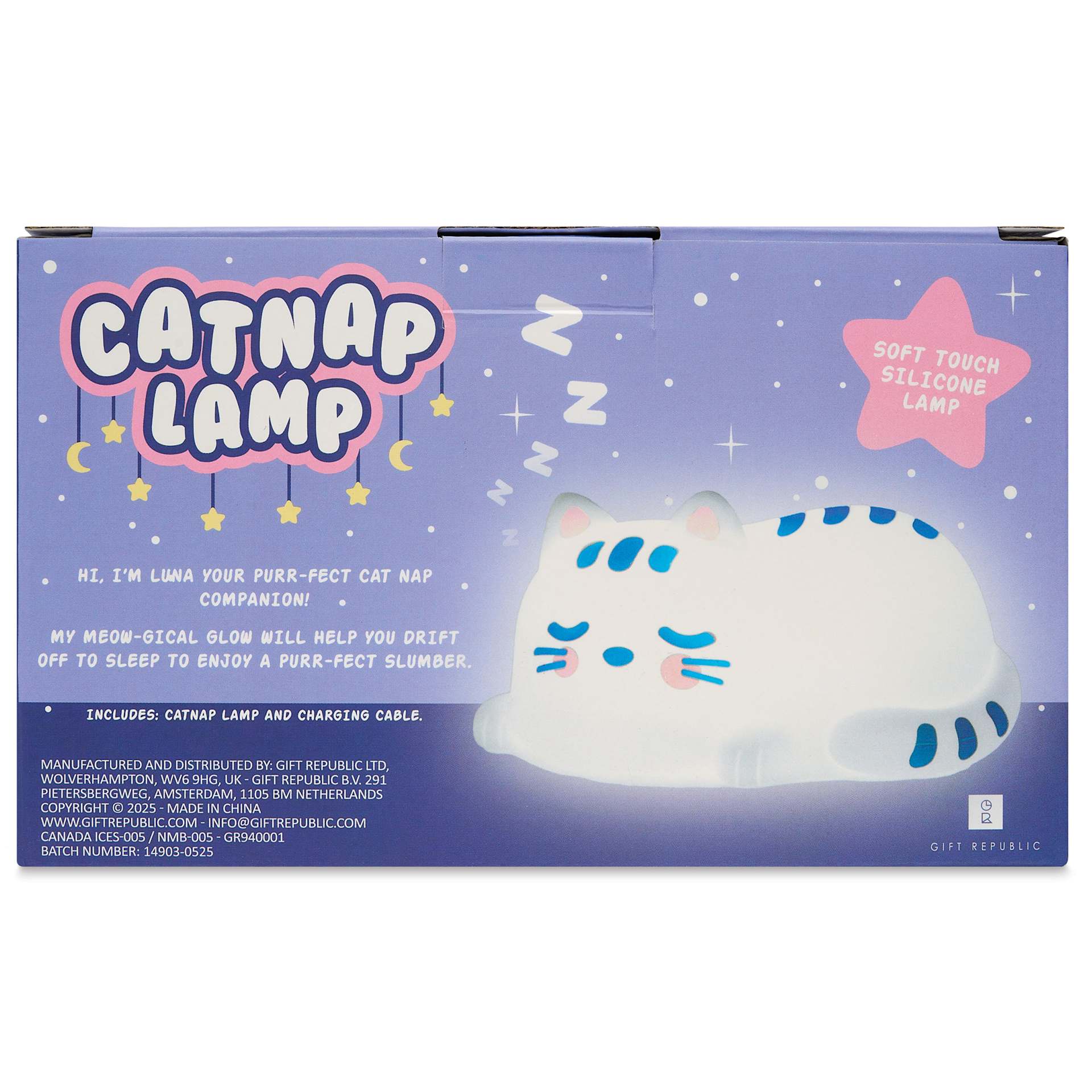 Gift Republic Cat Nap Lamp, back of packaging