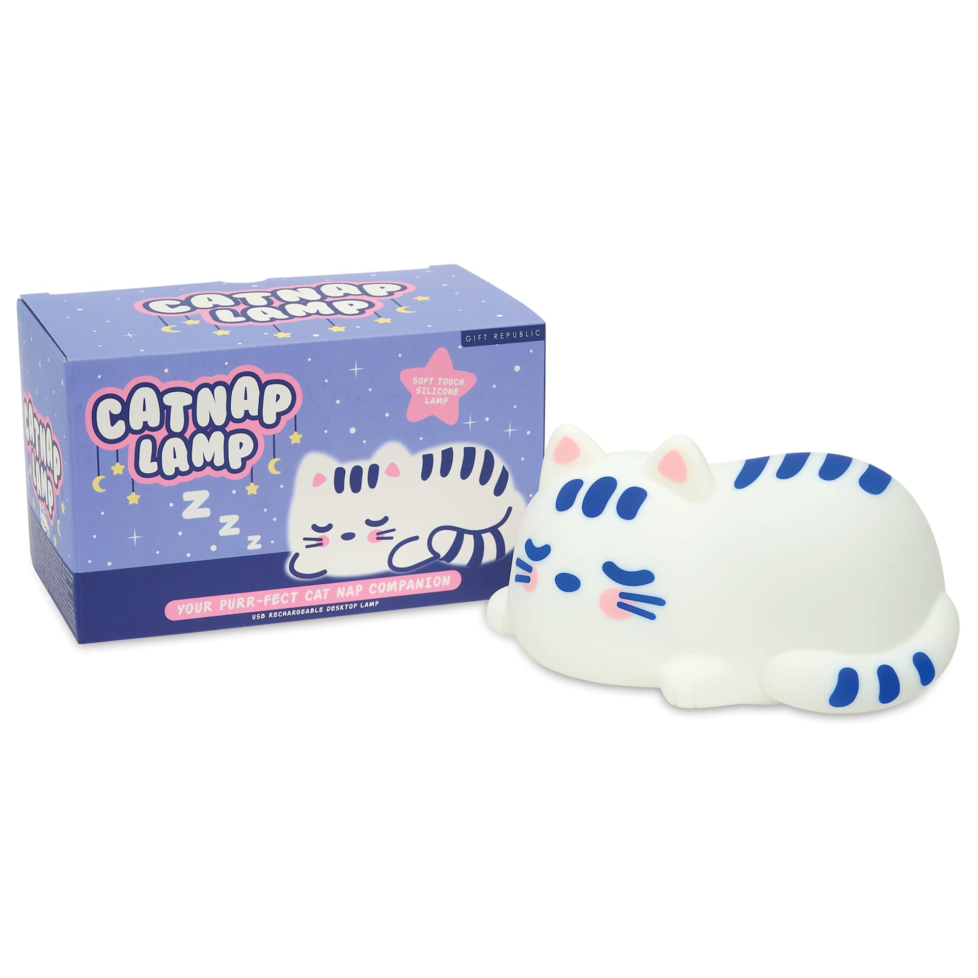 Gift Republic Cat Nap Lamp, packaging and lamp