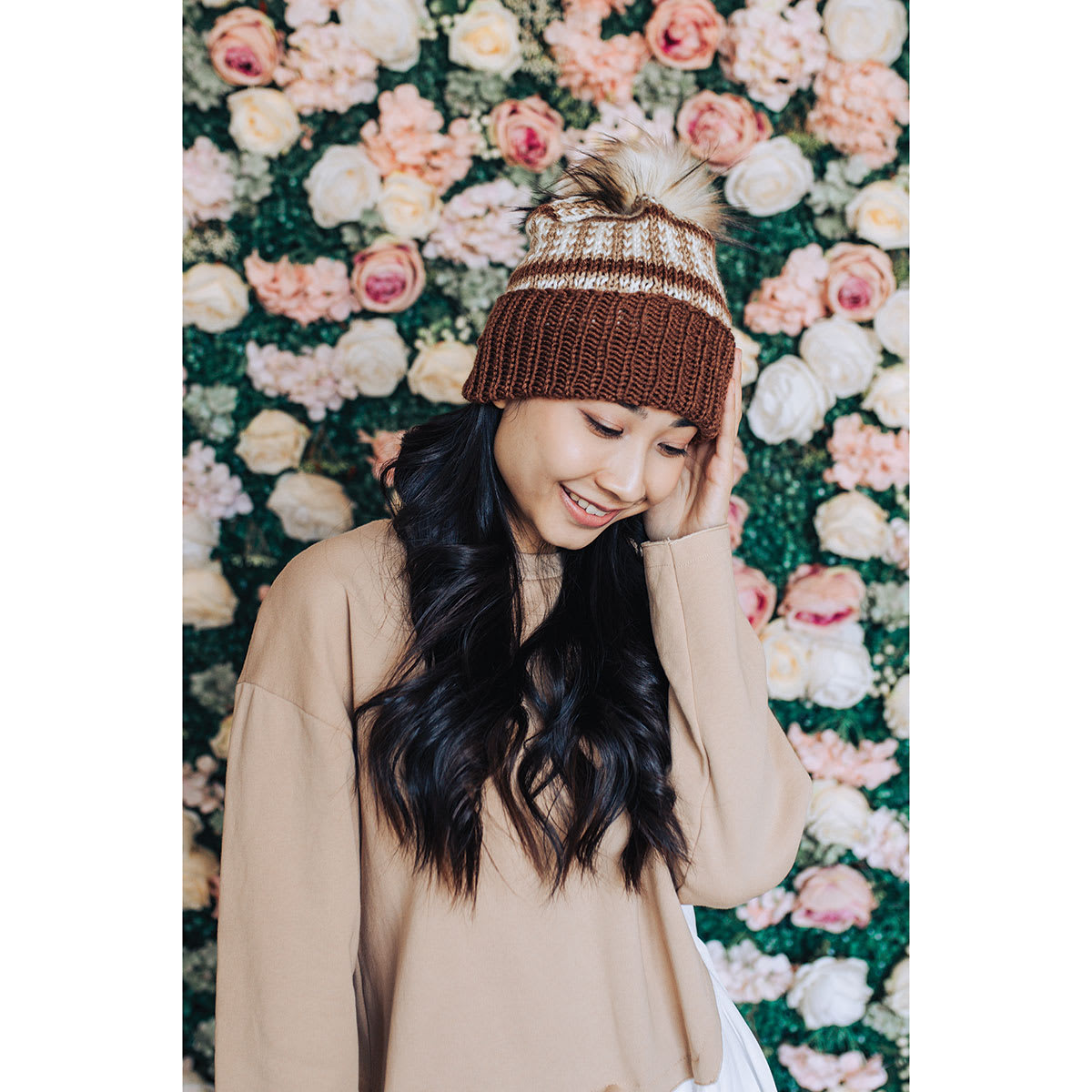 Lion Brand Basic Stitch Anti-Pilling Skein Tones Yarn (Person wearing multicolored knit hat)