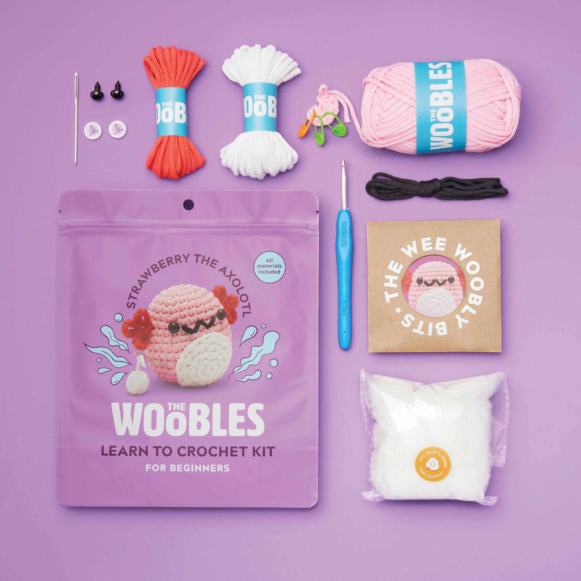 The Woobles Beginner Crochet Amigurumi Kit - Axolotl contents