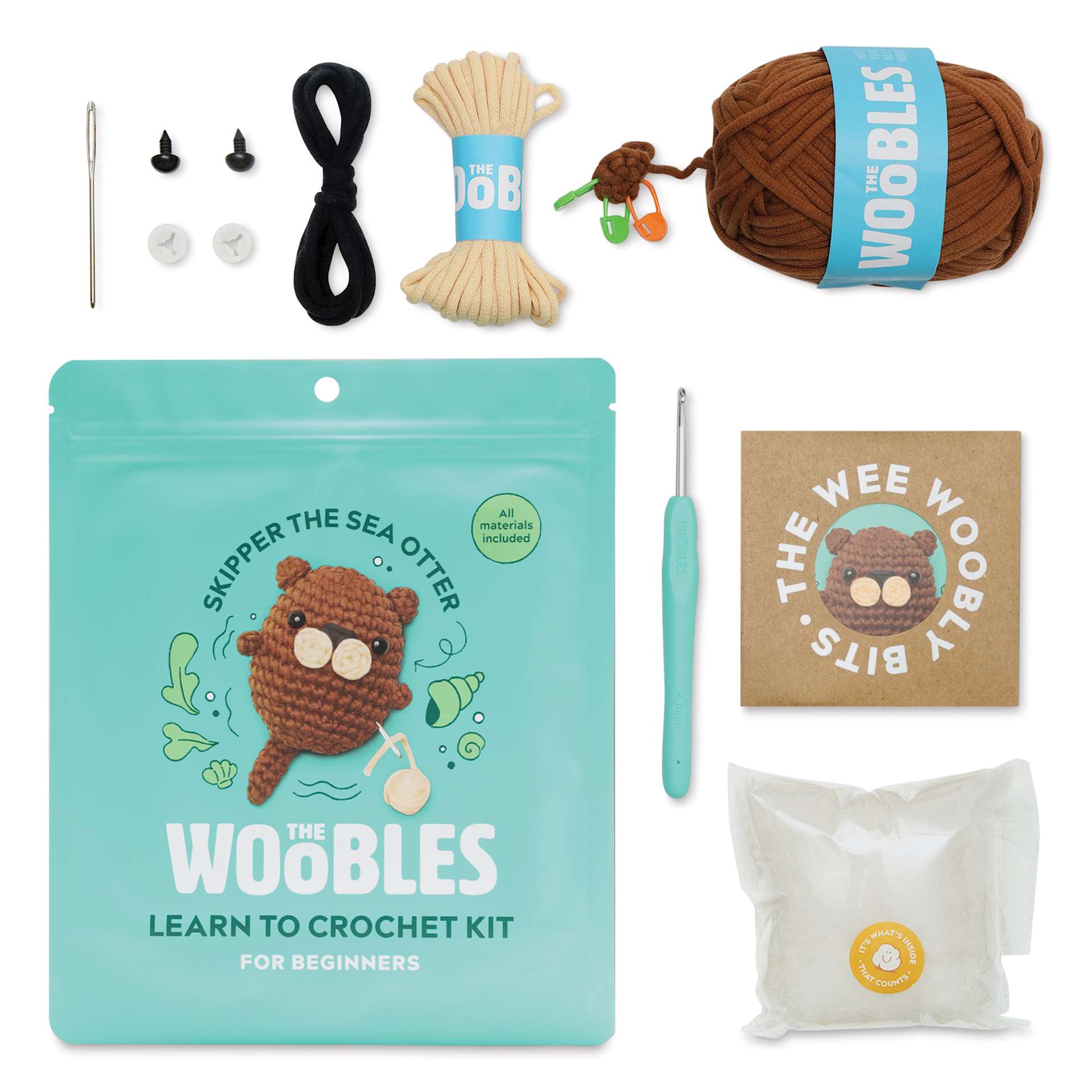 The Woobles Beginner Crochet Amigurumi Kit - Blick Exclusive! Skipper the Sea Otter kit contents
