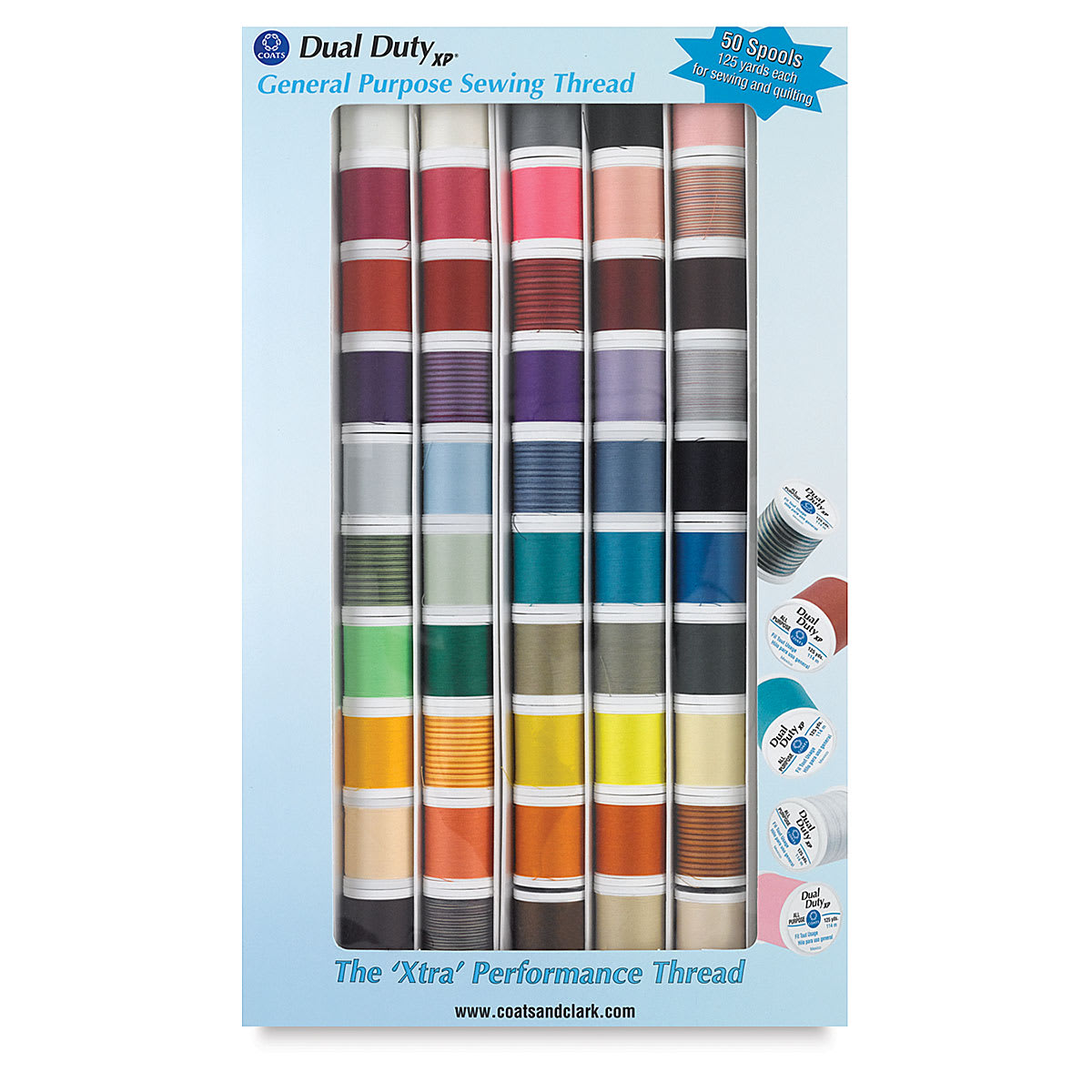 Coats & Clark Dual Duty XP All Purpose Thread Set - Set of 50, Assorted Colors front of packaging