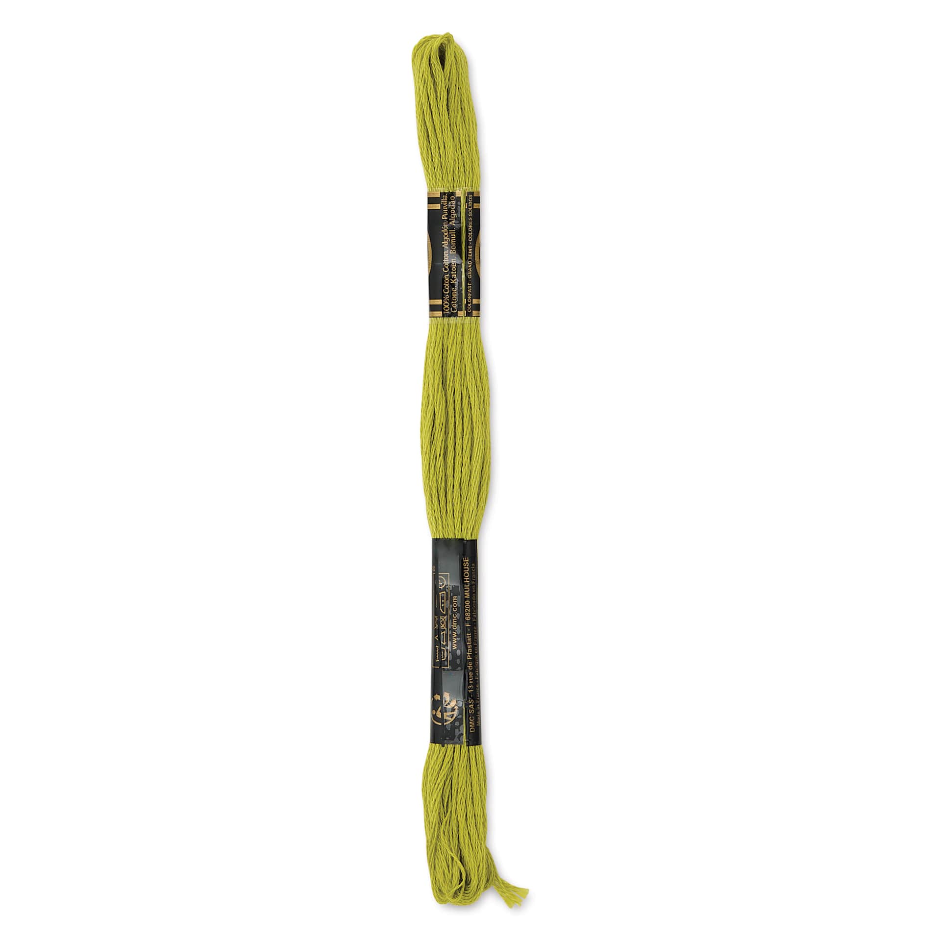 DMC Cotton Embroidery Floss - Medium Light Moss Green, 8-3/4 yards showing back of packaging