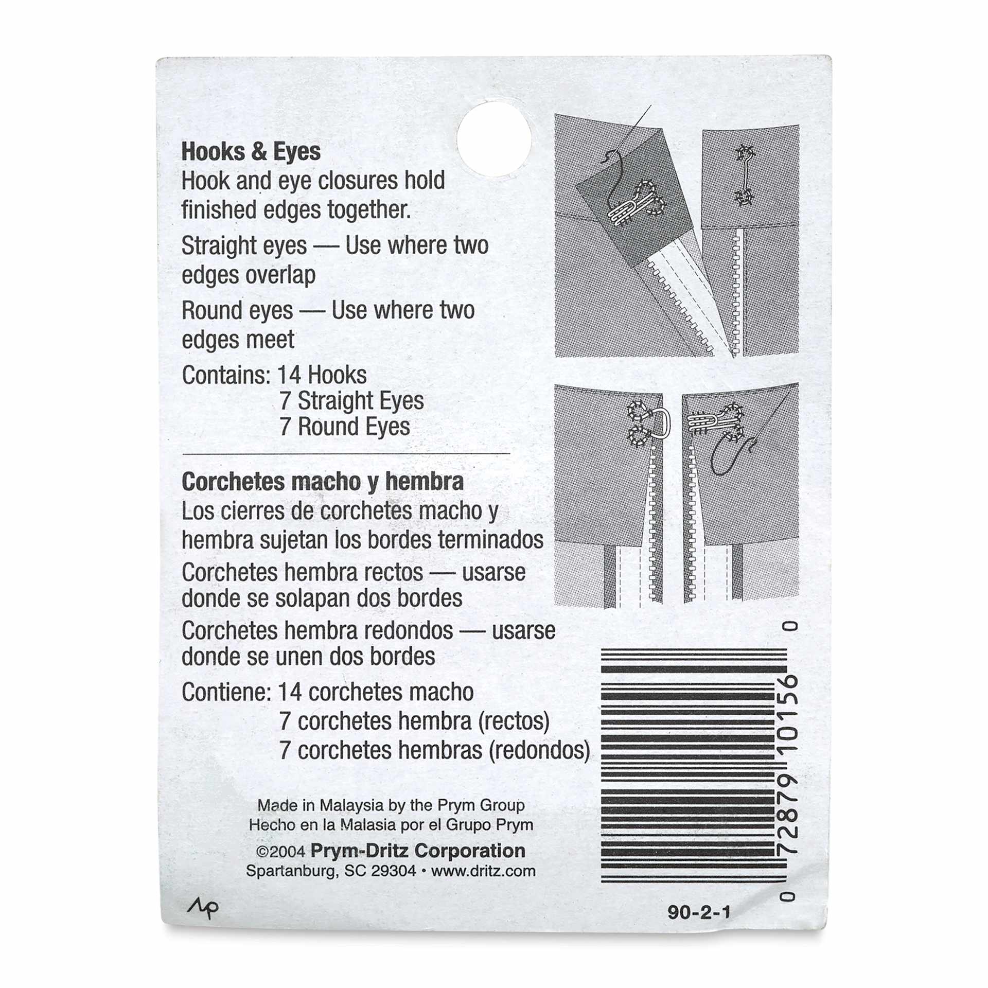 Dritz Sew on Fasteners - Hook and Eyes, Black, Size 2, Package of 14 (Back of package)