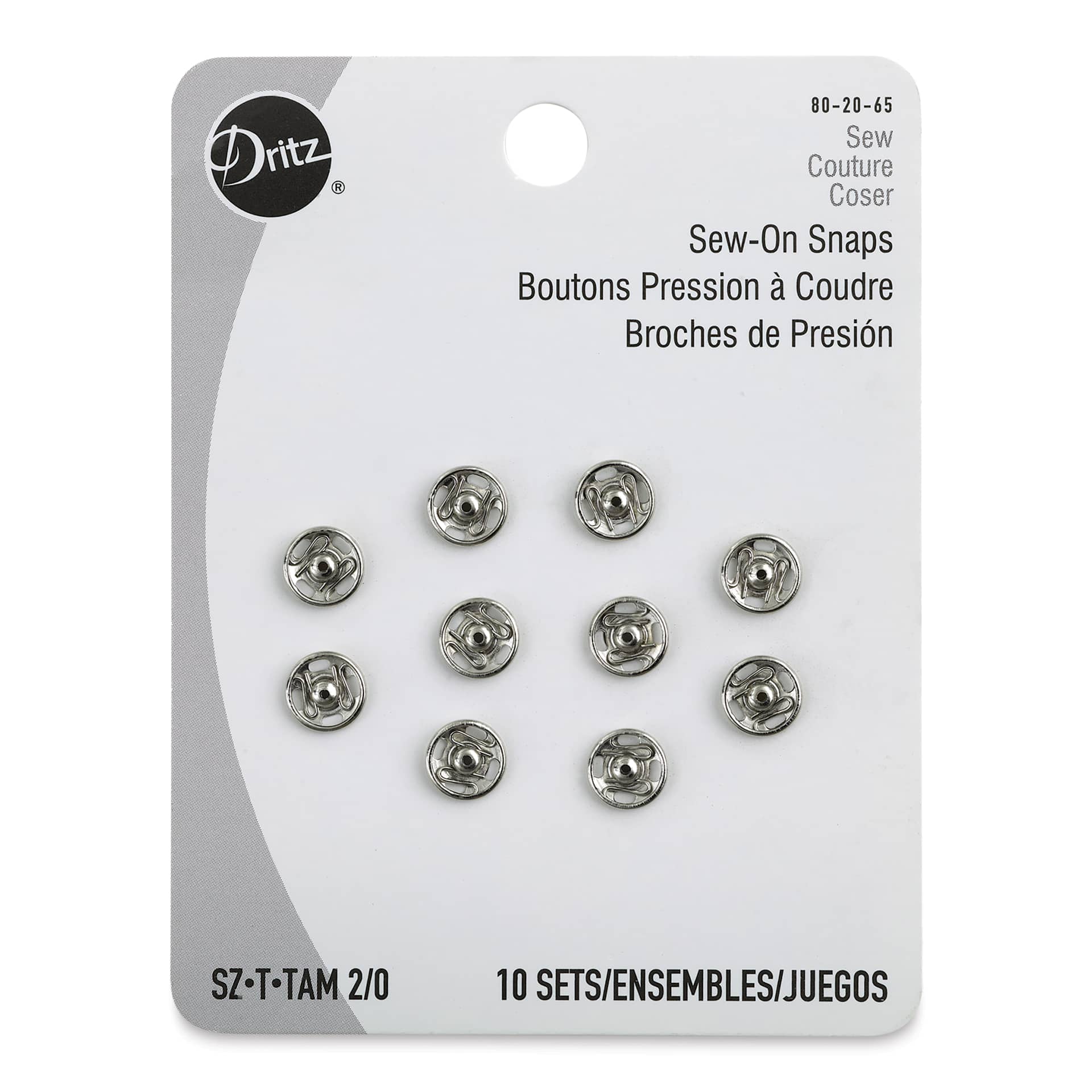 Dritz Sew on Fasteners - Front of package of 10 Silvertone Snaps