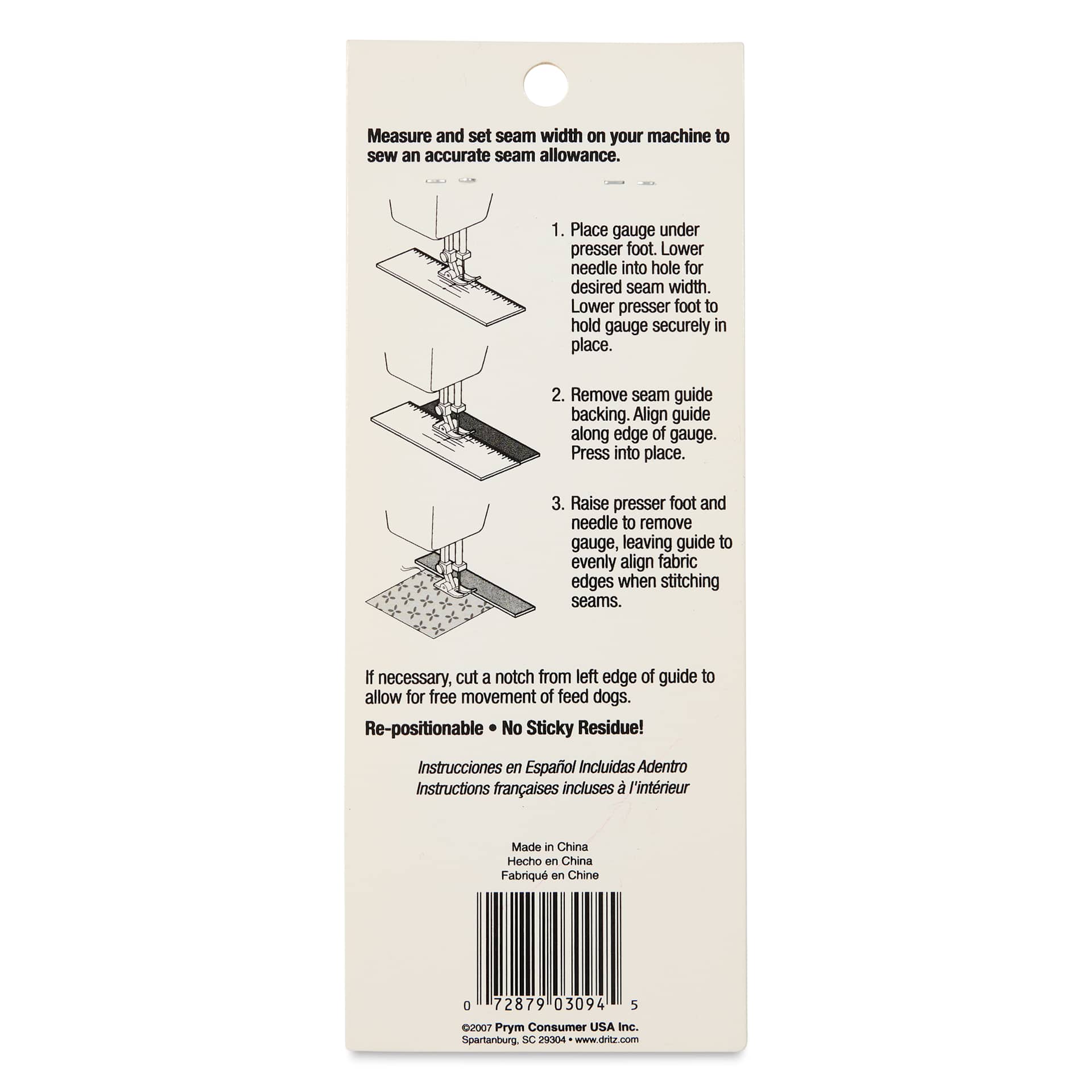 Dritz Machine Seam Gauge & Adhesive Guide - back of packaging
