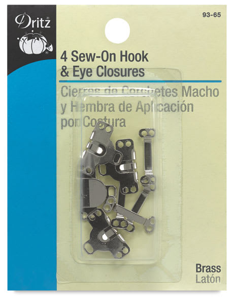 Dritz Sew-On Hook and Eye Closures - Front of blister package of 4 Nickel plated closures