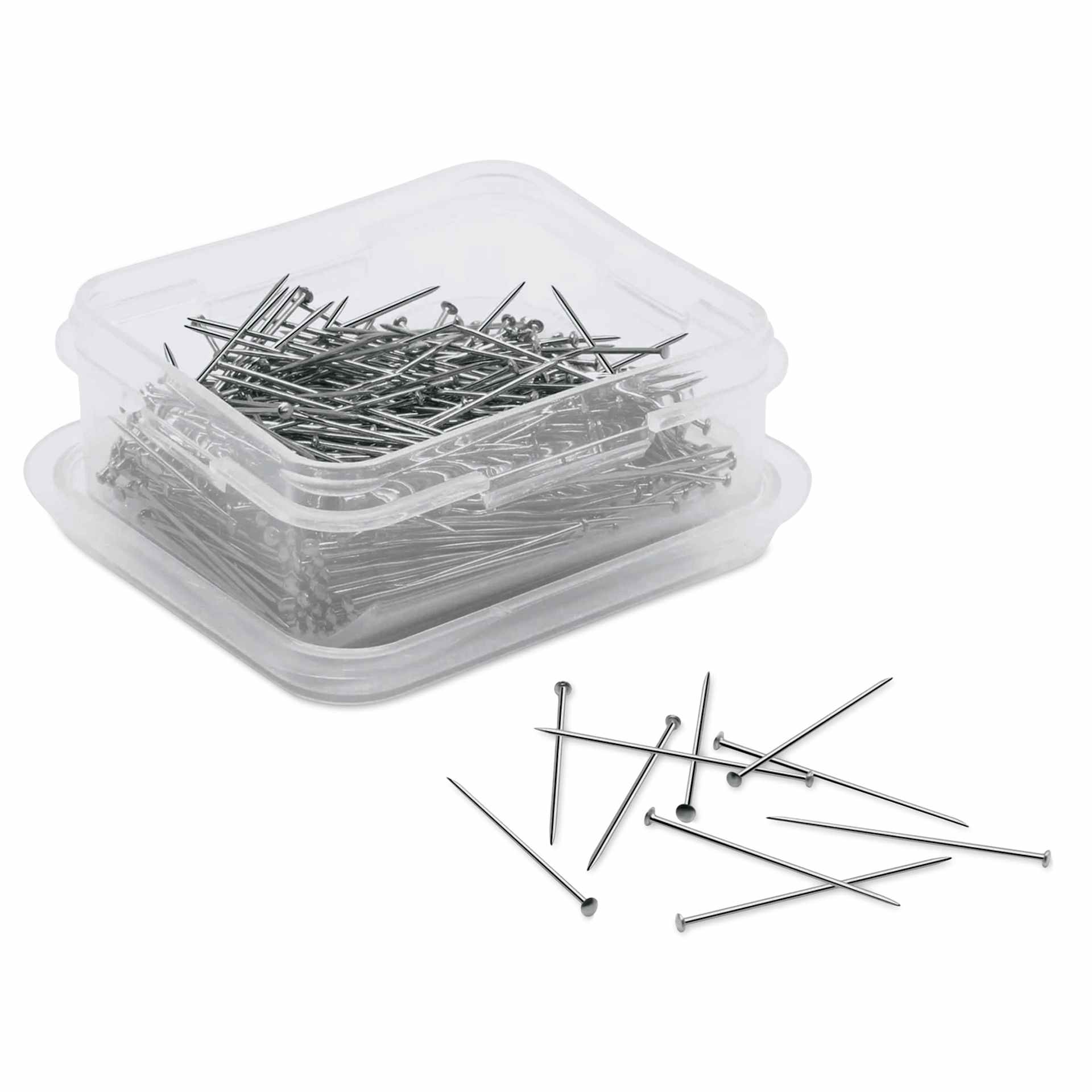 Dritz Satin Pins - Pkg of 400, opened storage box with pins laid out