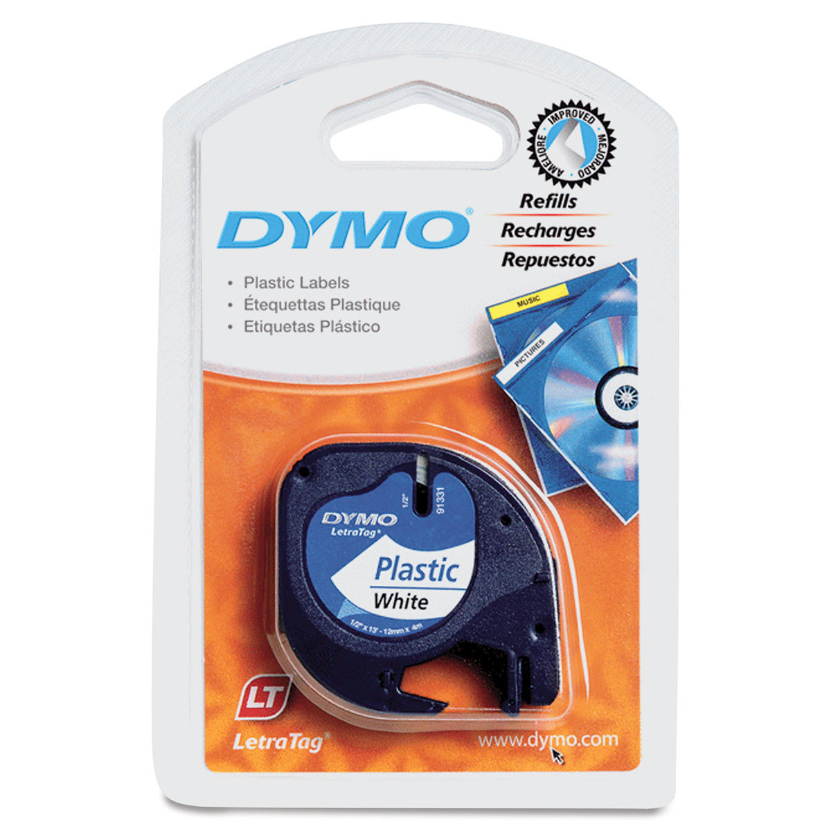 Dymo LetraTag Label Tape - Front view of package of white plastic tape dispenser