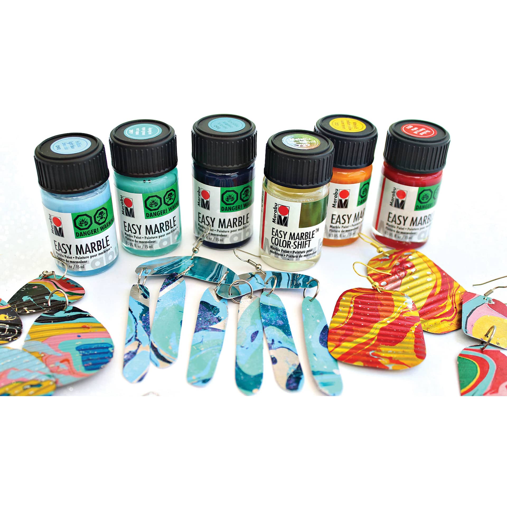 Marabu Easy Marble Paints (bottles of paints and jewelry that has been marbled)