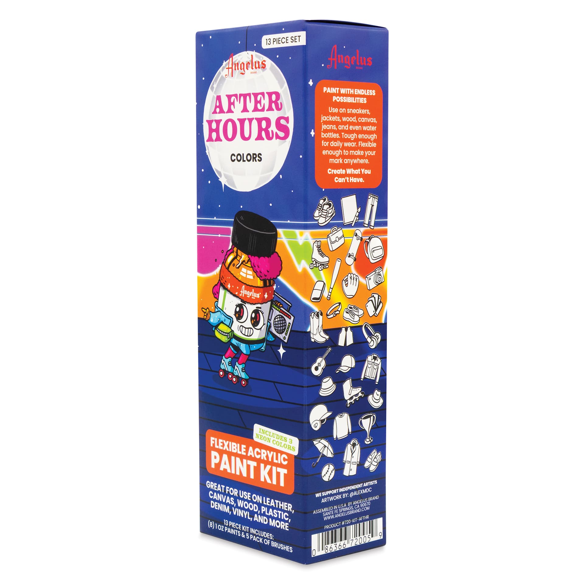 Angelus Acrylic Leather Paints - After Hours Kit, 1 oz packaging angled view showing right side of box