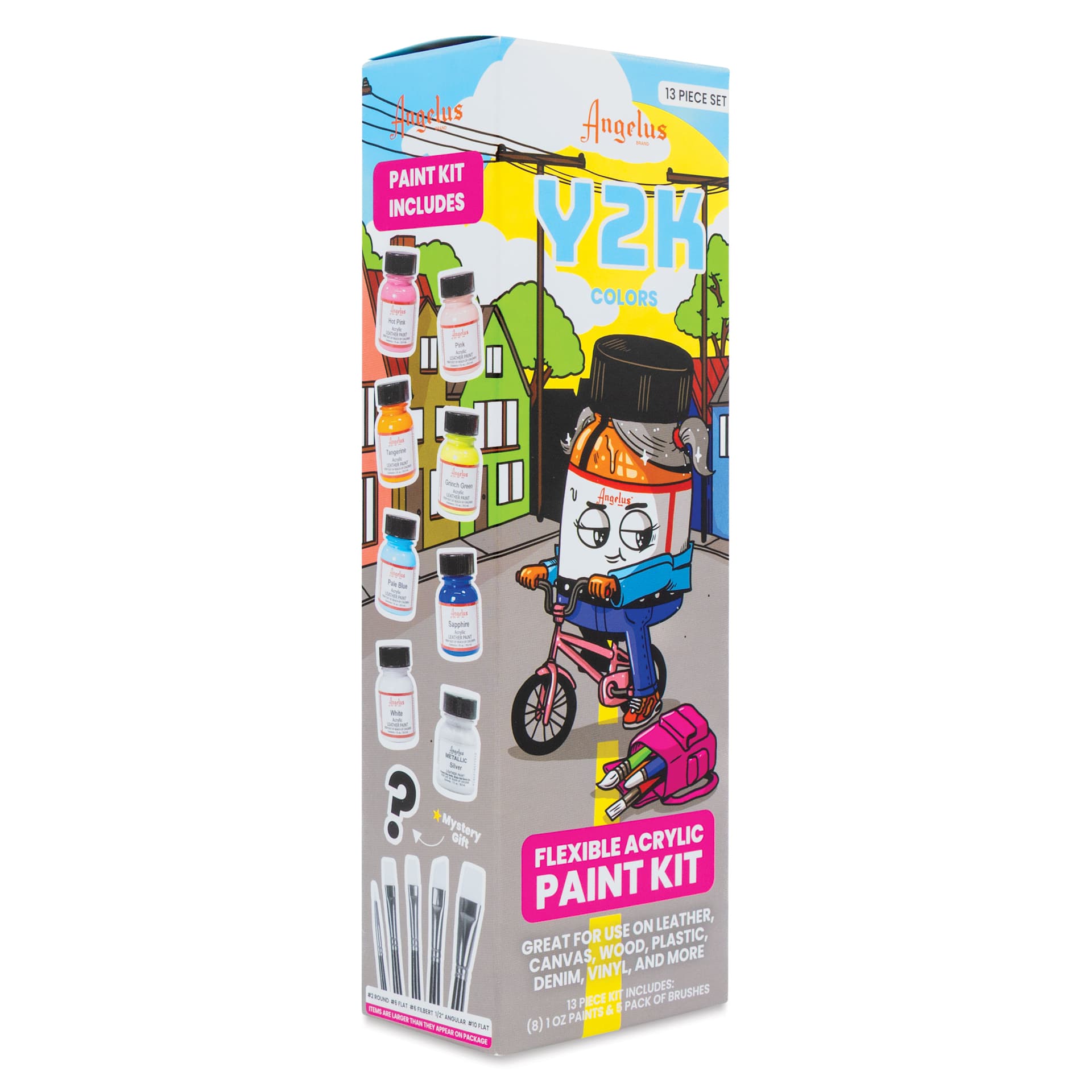 Angelus Acrylic Leather Paints - Y2K Kit, 1 oz packaging angled view showing left side