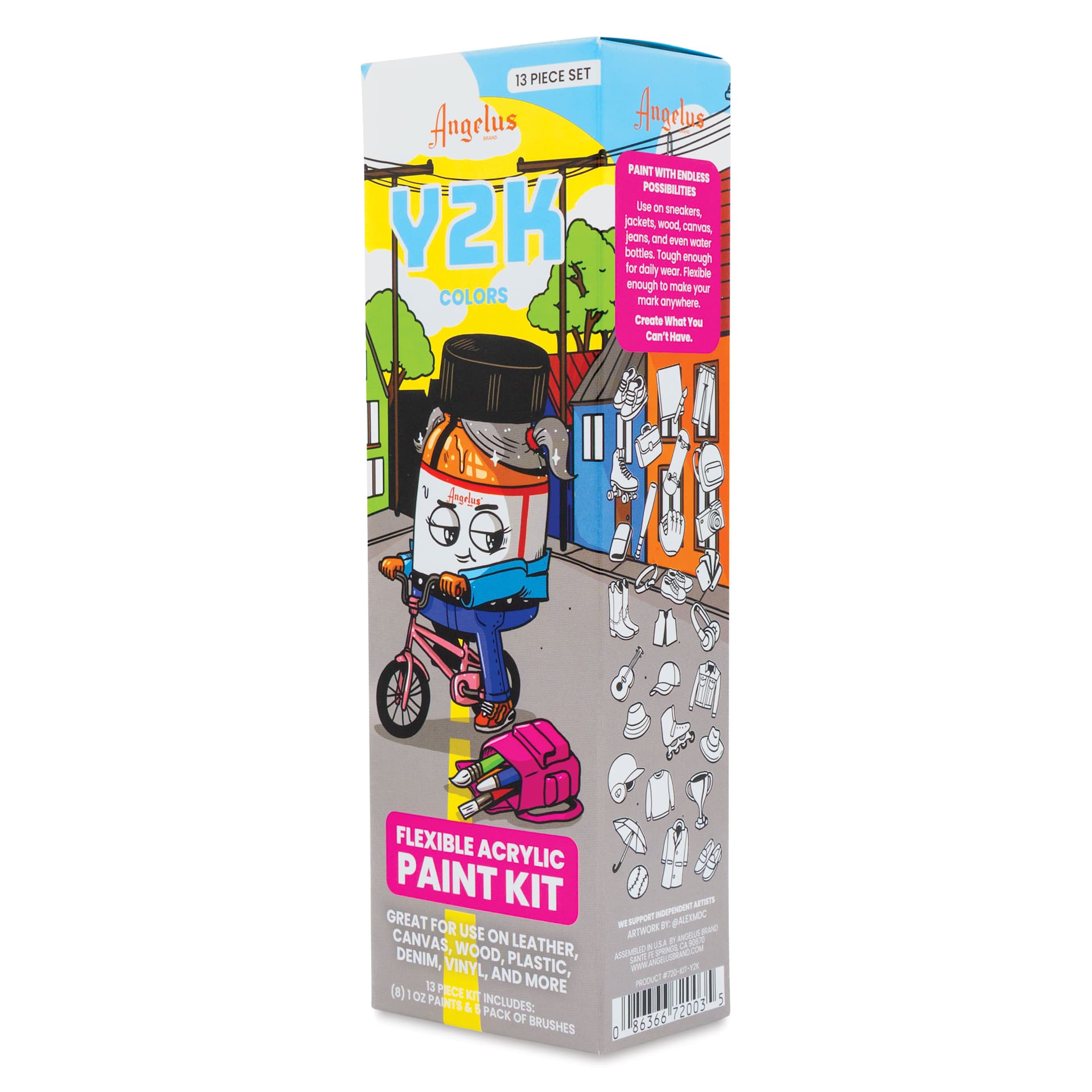 Angelus Acrylic Leather Paints - Y2K Kit, 1 oz packaging angled view showing right side