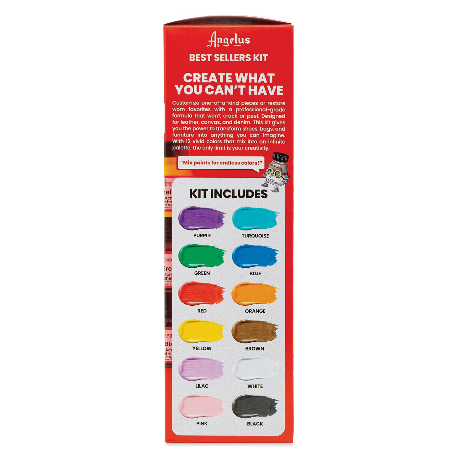 Angelus Acrylic Leather Paint Set - Best Sellers, Assorted Colors, Set of 12 side of packaging showing contents