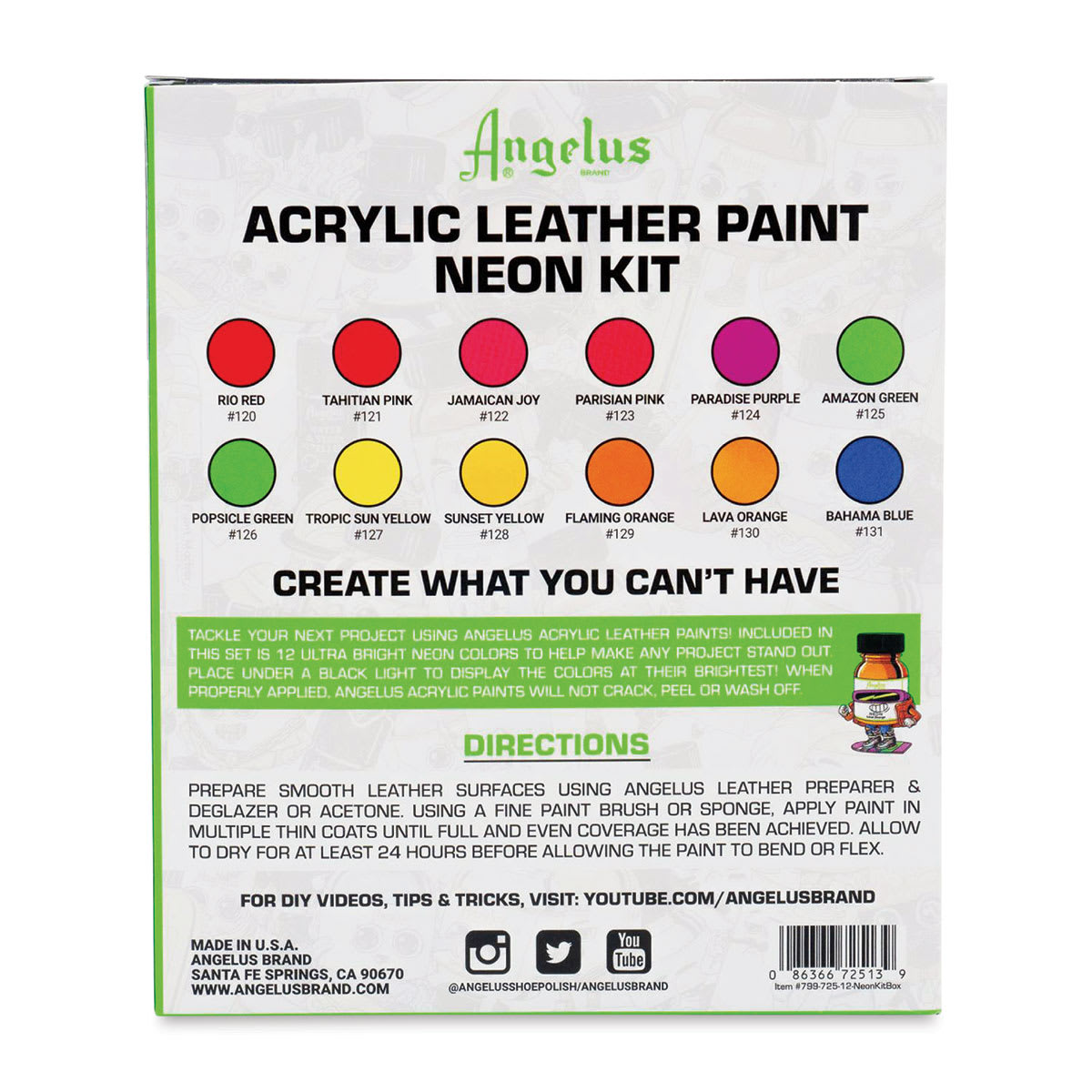 Angelus Acrylic Leather Paint Set - Neon, Assorted Colors, Set of 12, back of the packaging