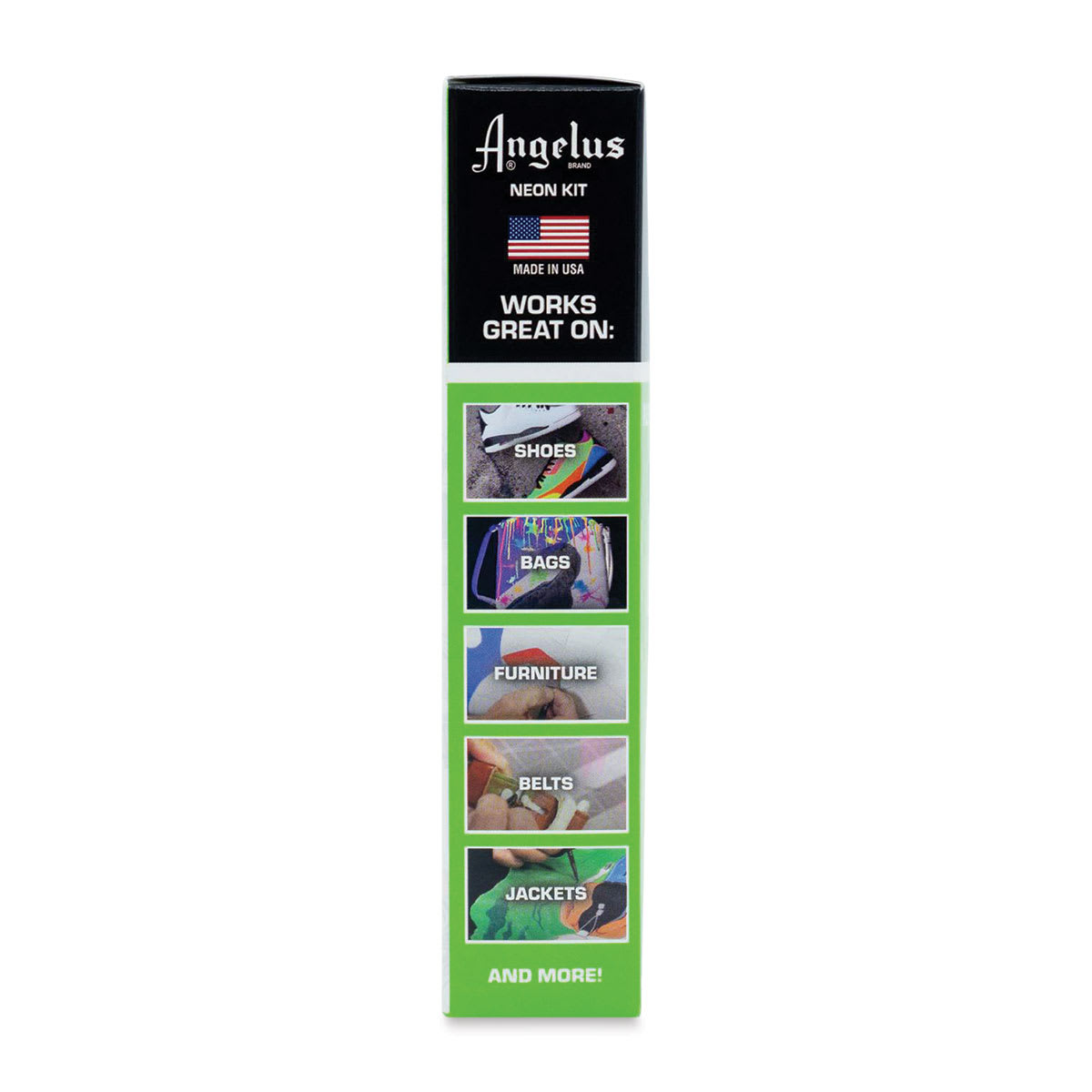 Angelus Acrylic Leather Paint Neon Set, side of the packaging showing examples of surfaces
