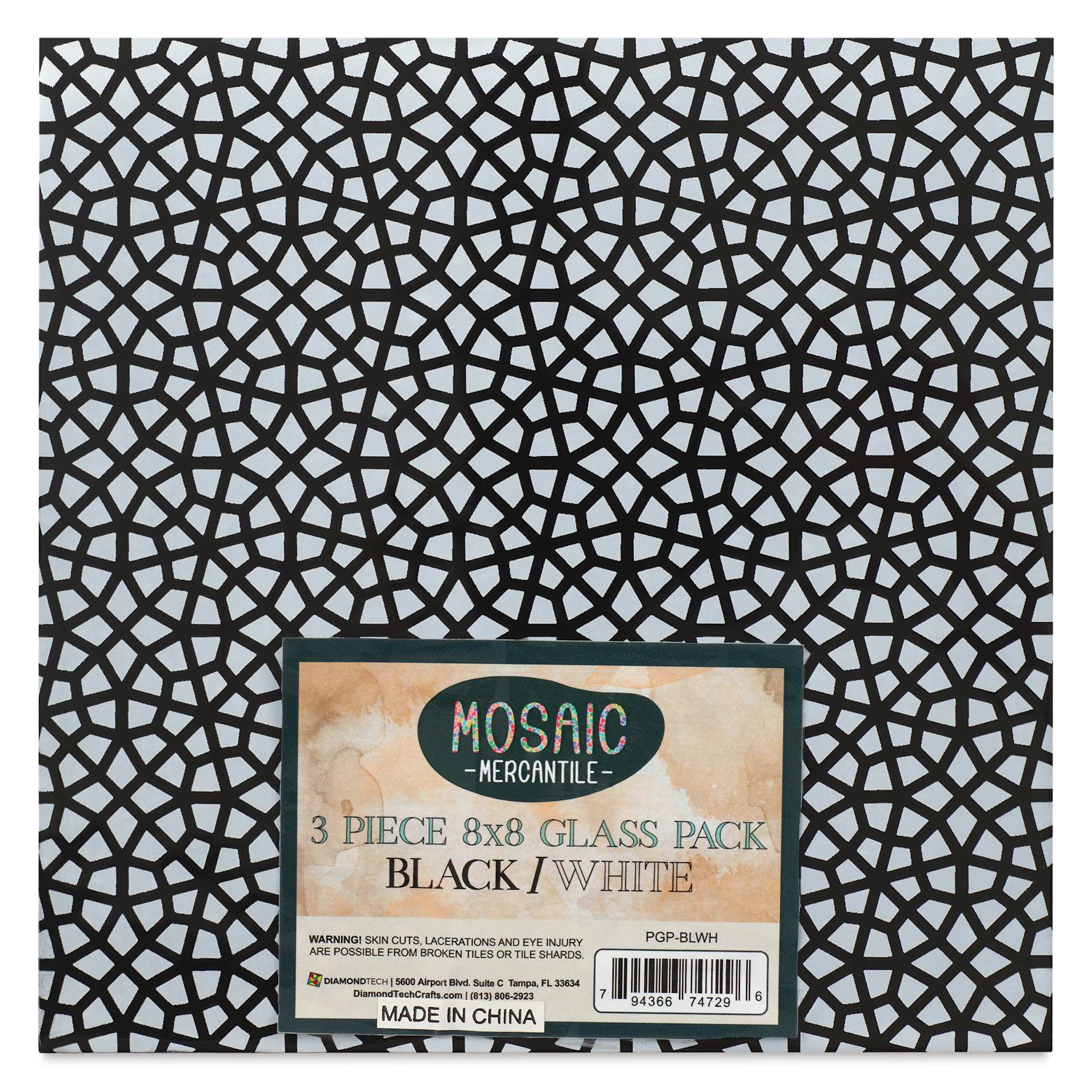 Mosaic Mercantile Opalescent Glass Pack - Black and White, 8" x 8", Pkg of 3, front of packaging