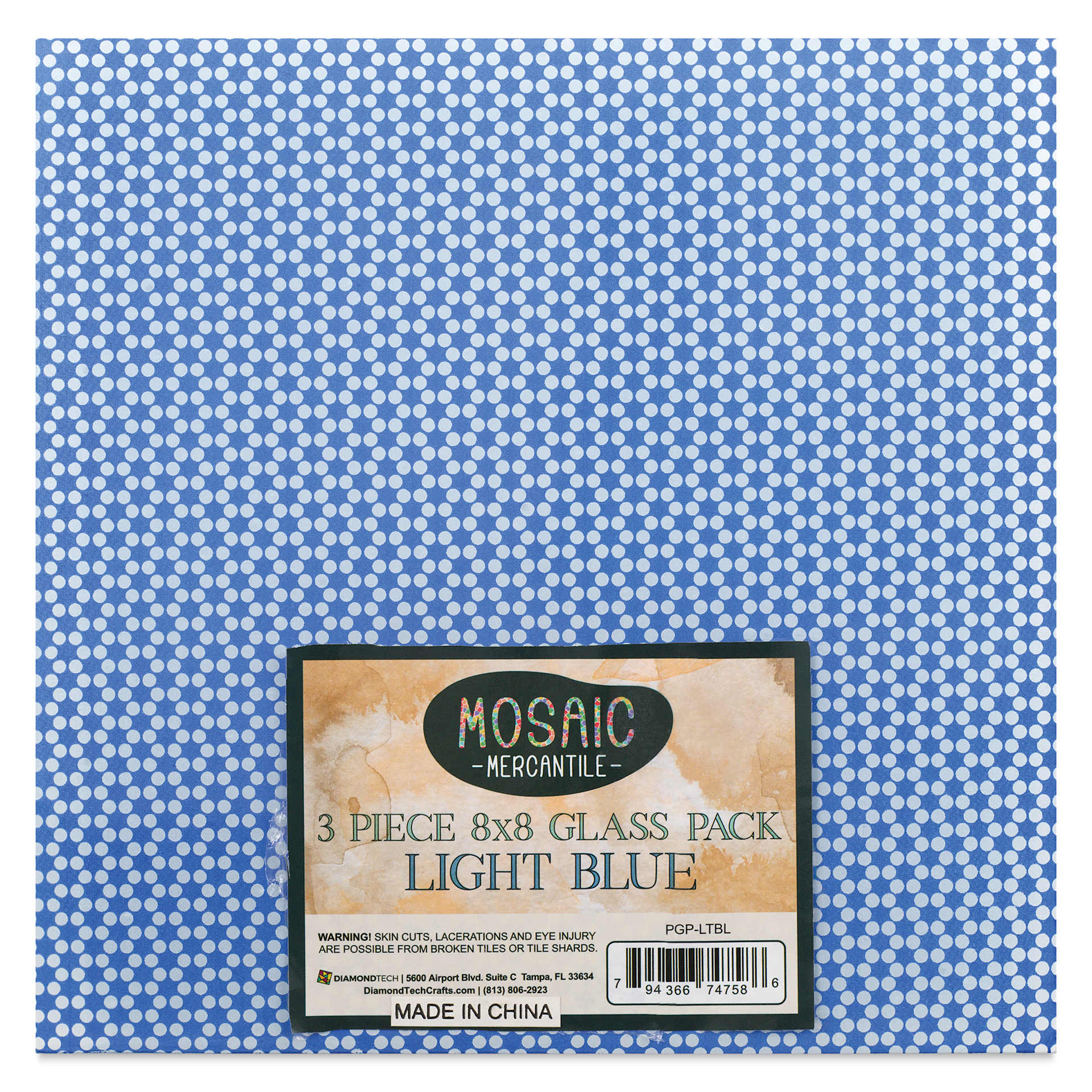 Mosaic Mercantile Opalescent Glass Pack - Light Blue, 8" x 8", Pkg of 3, front of packaging