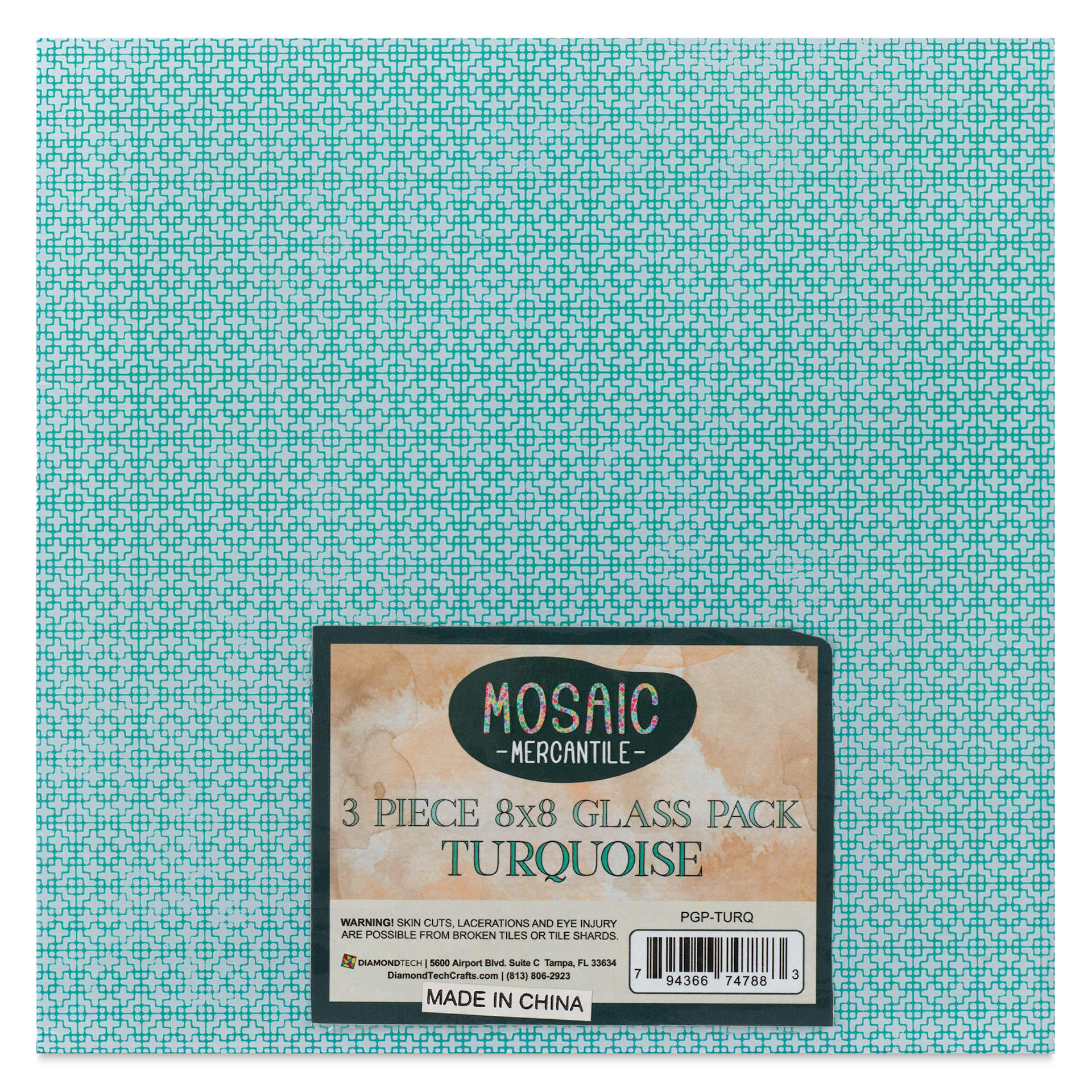 Mosaic Mercantile Opalescent Glass Pack - Turquoise, 8" x 8", Pkg of 3, front of packaging