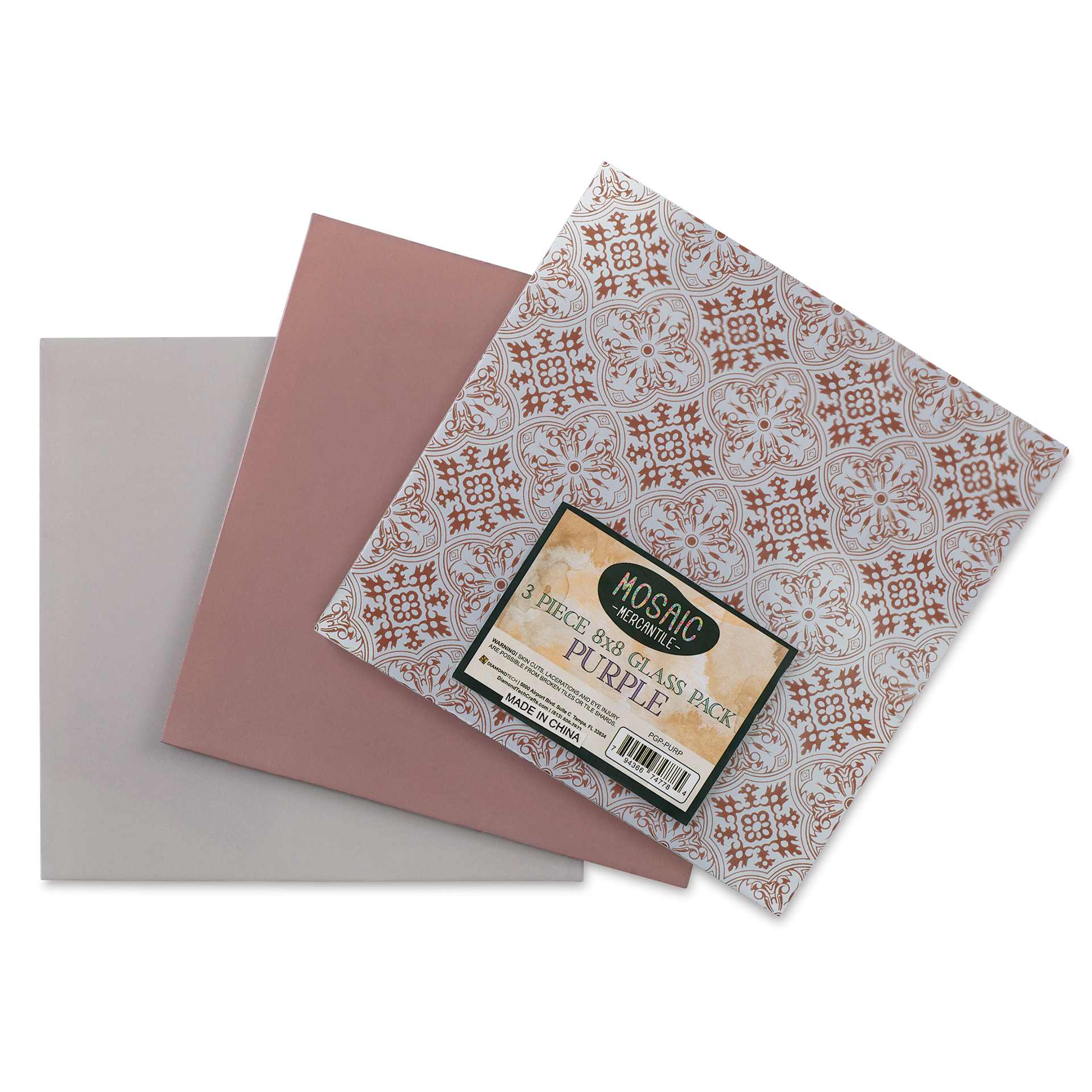Mosaic Mercantile Opalescent Glass Pack - Purple, 8" x 8", Pkg of 3, fanned out