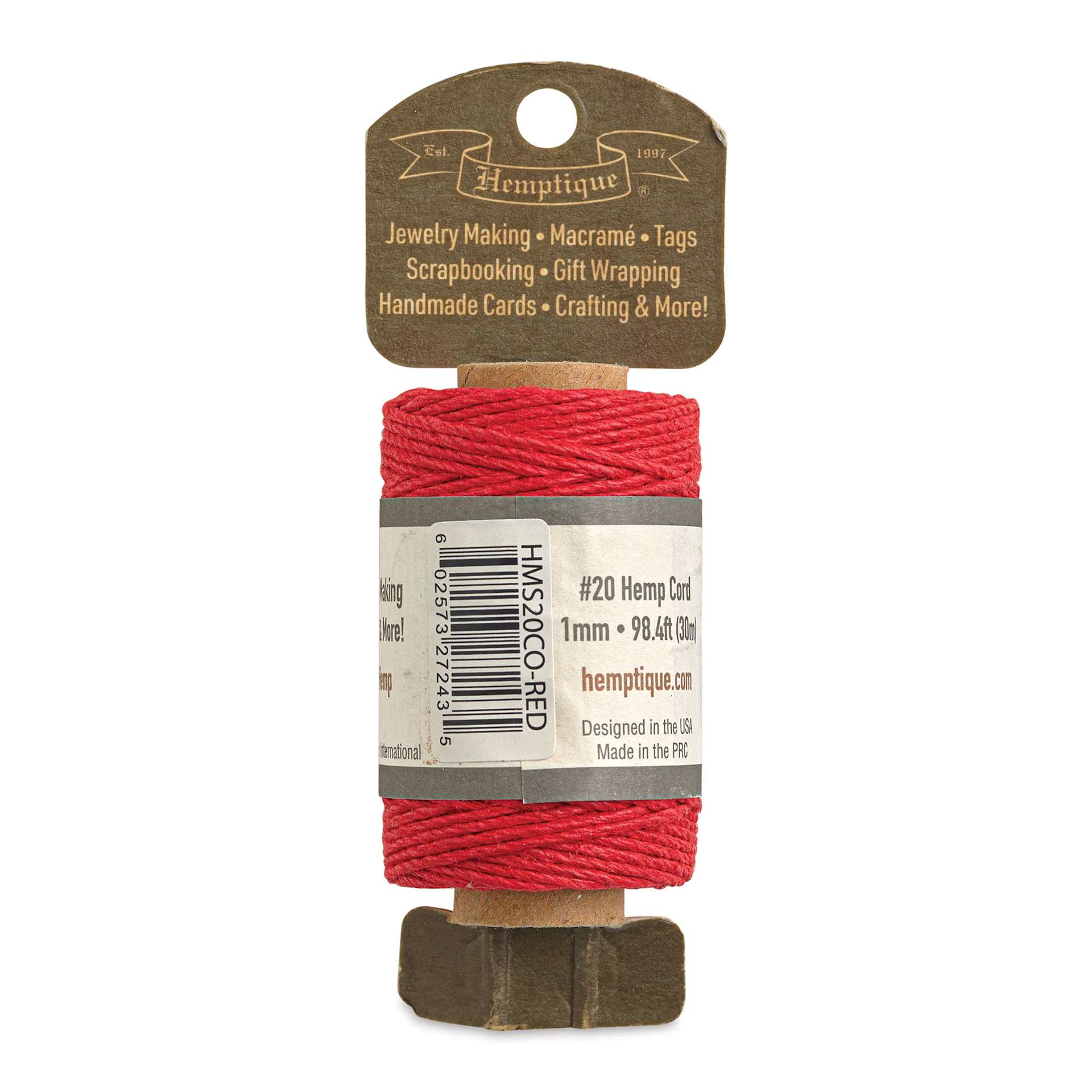 Hemptique Hemp Cord Spool - Red, 1 mm x 98.4 ft, back of the packaging