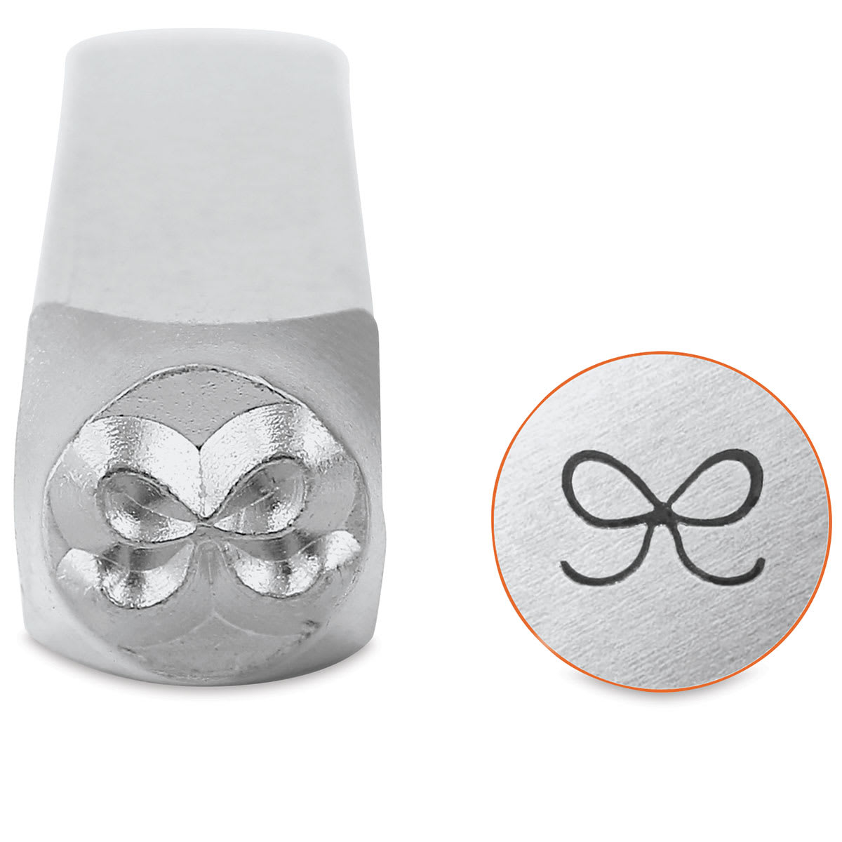 ImpressArt Design Stamps - Front view of Bow Stamp with example of impression