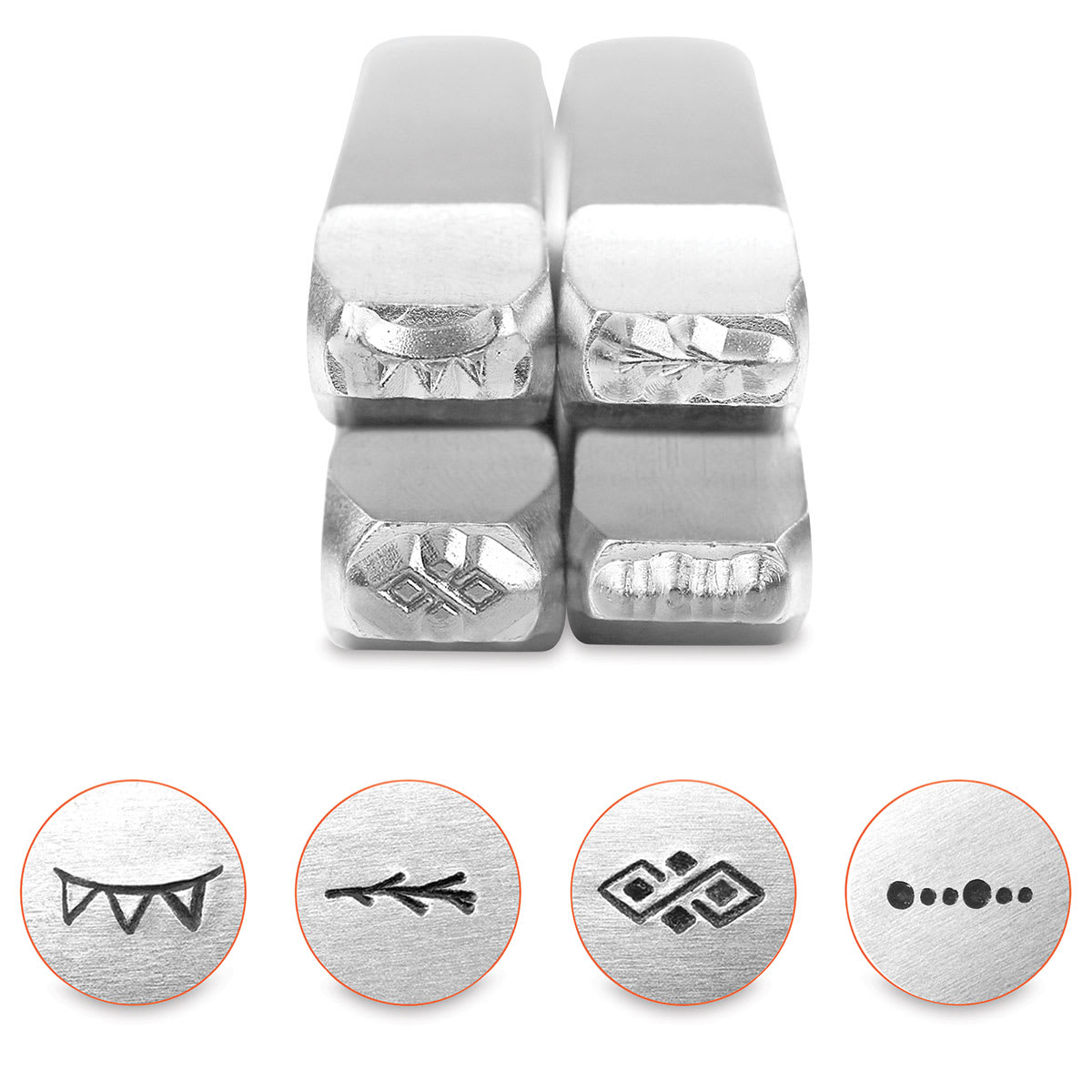 ImpressArt Design Stamps - Front view of 4 pc Ornamental Border Set 2 with examples of impressions
