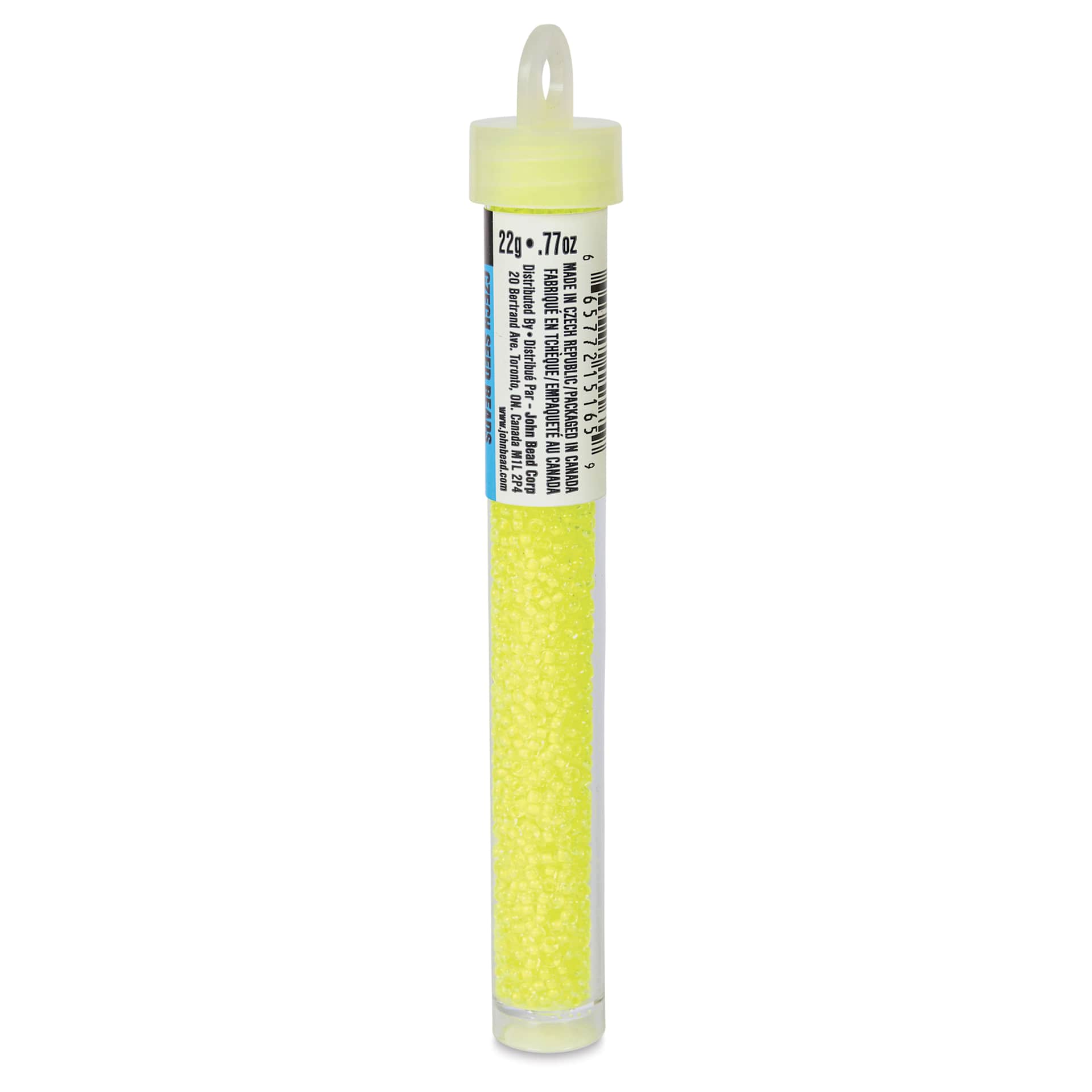 John Bead Czech Glass Seed Beads - Neon Yellow, Color Lined, 10/0, 22 g Vial side view