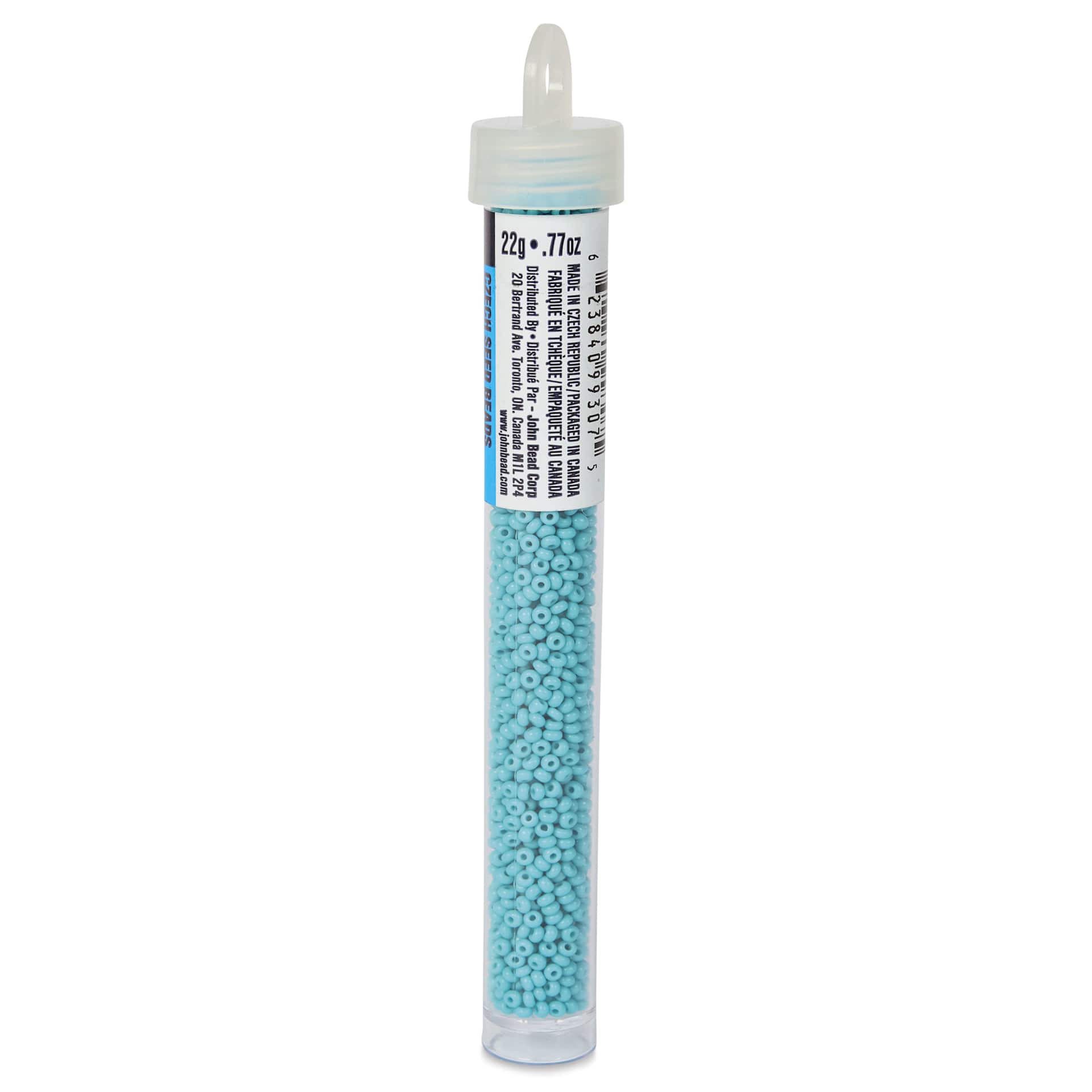 John Bead Czech Glass Seed Beads - Turquoise Blue, Opaque, 10/0, 22 g Vial side view