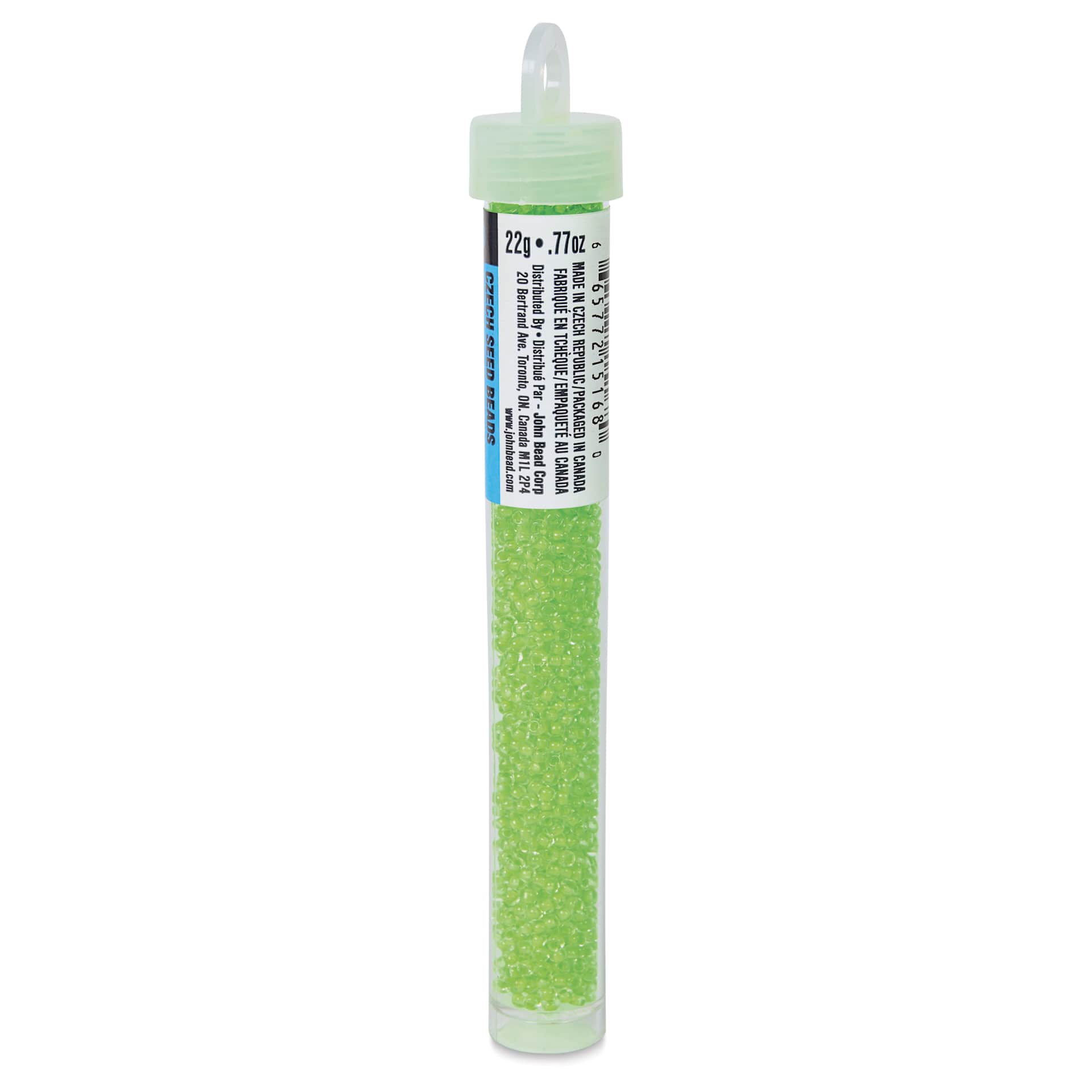 John Bead Czech Glass Seed Beads - Neon Green, Color Lined, 10/0, 22 g Vial side view